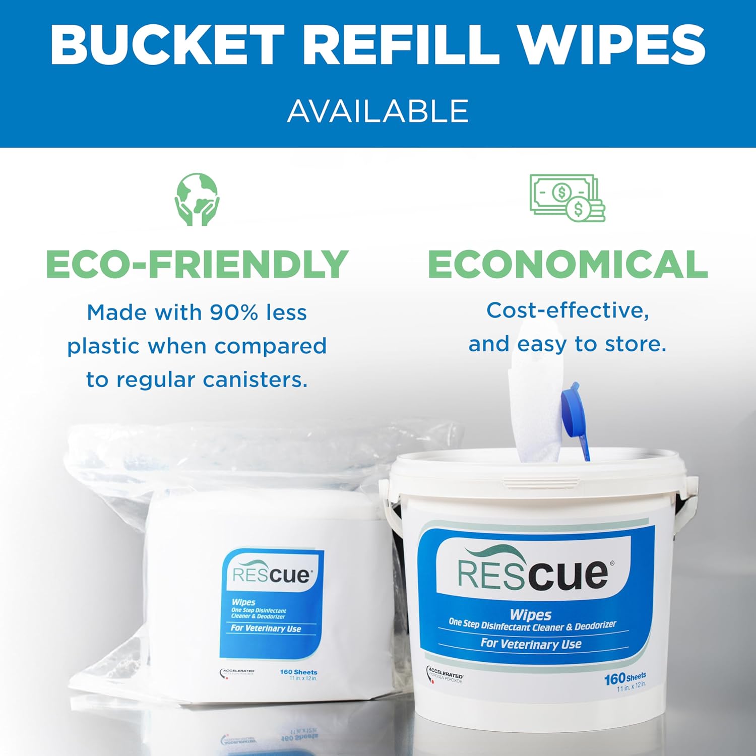 REScue One-Step Disinfectant Cleaner & Deodorizer Wipes for Vet Use – Cleaner for Kennels, Litter Boxes, Vet Offices, Pet Grooming Surfaces – Extra Large Wipes, 160-Count Bucket Refill (1 Pack)