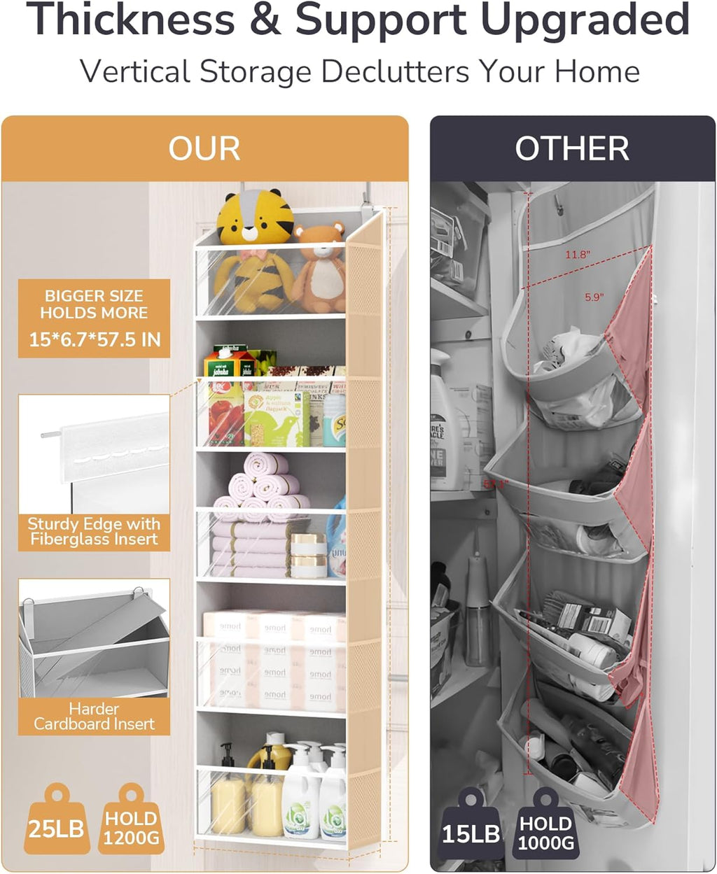 ULG 1-Pack Over Door Organizer with 5 Large Pockets 10 Mesh Side Pockets, 44 lbs Weight Capacity Hanging Storage Organizer with Clear Window for Bedroom Bathroom Kitchen, RV, Camper, Clear Grey