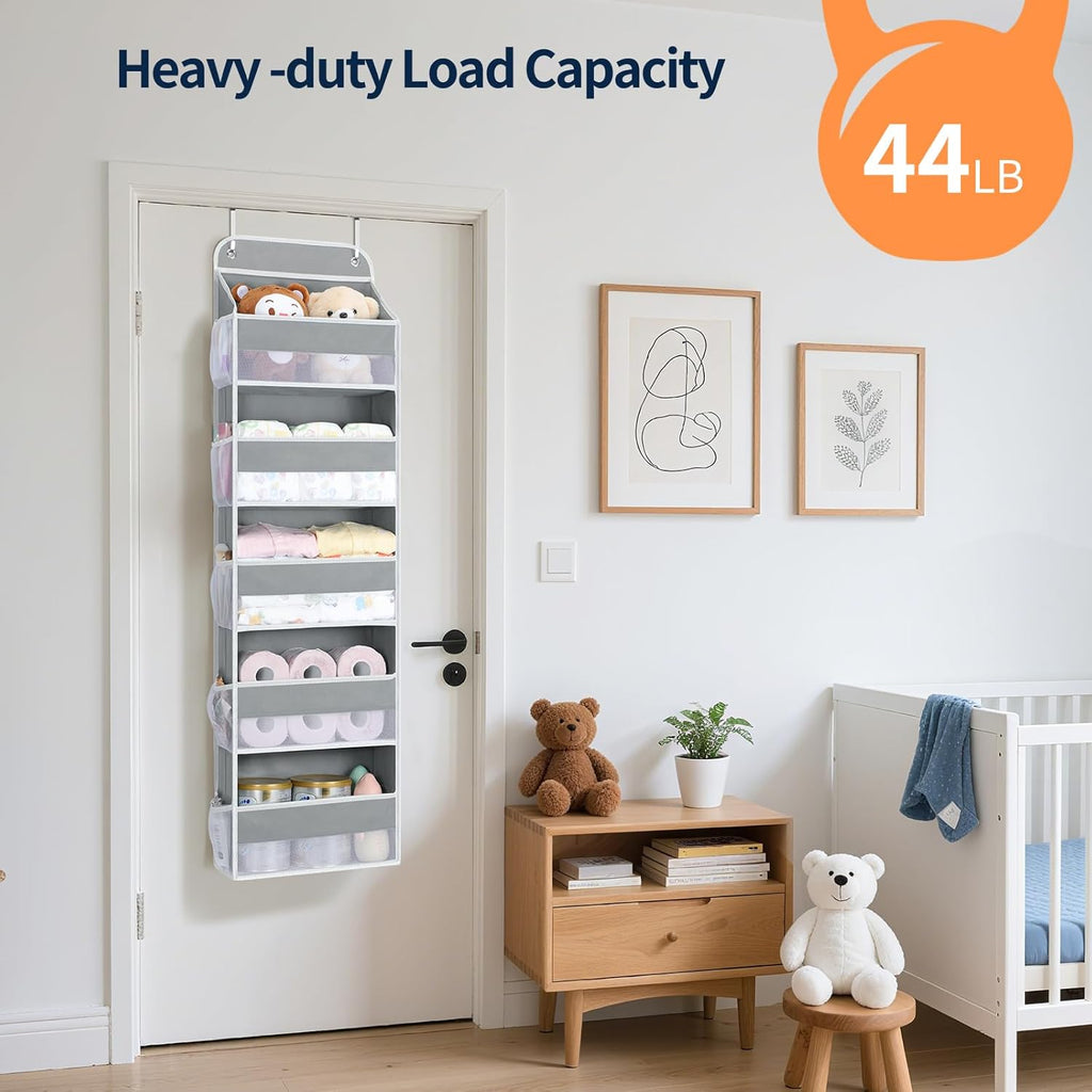 Yecaye Over The Door Organizer Storage, 5-Tier Heavy Duty Door Organizers Hanging with 10 Side Mesh Pockets, 44 lbs Load Capacity Behind Door Storage for Bathroom Nursery Bedroom Dorm Closet, Grey