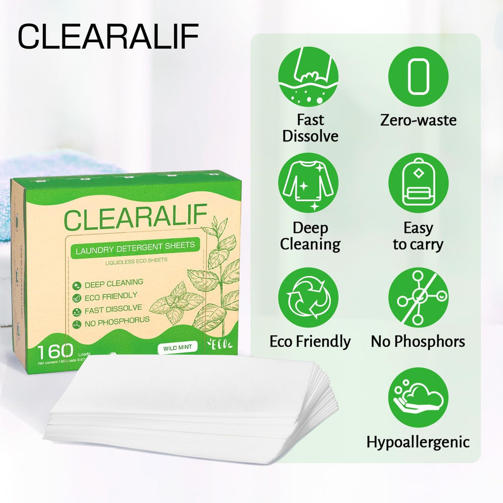 Laundry Detergent Sheets Up to 160 Loads, Wild Mint - Great For Travel,Apartments, Dorms,CLEARALIF Laundry Detergent Strips Eco Friendly & Hypoallergenic - 80 Sheets