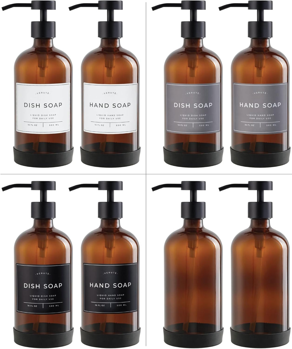 16oz Glass Soap Dispenser with Stainless Steel Pump, 21 Waterproof Labels, Non-Slip Protective Silicone Pad, Set of 2 for Bathroom & Kitchen (Amber Bottle/Black Pump)