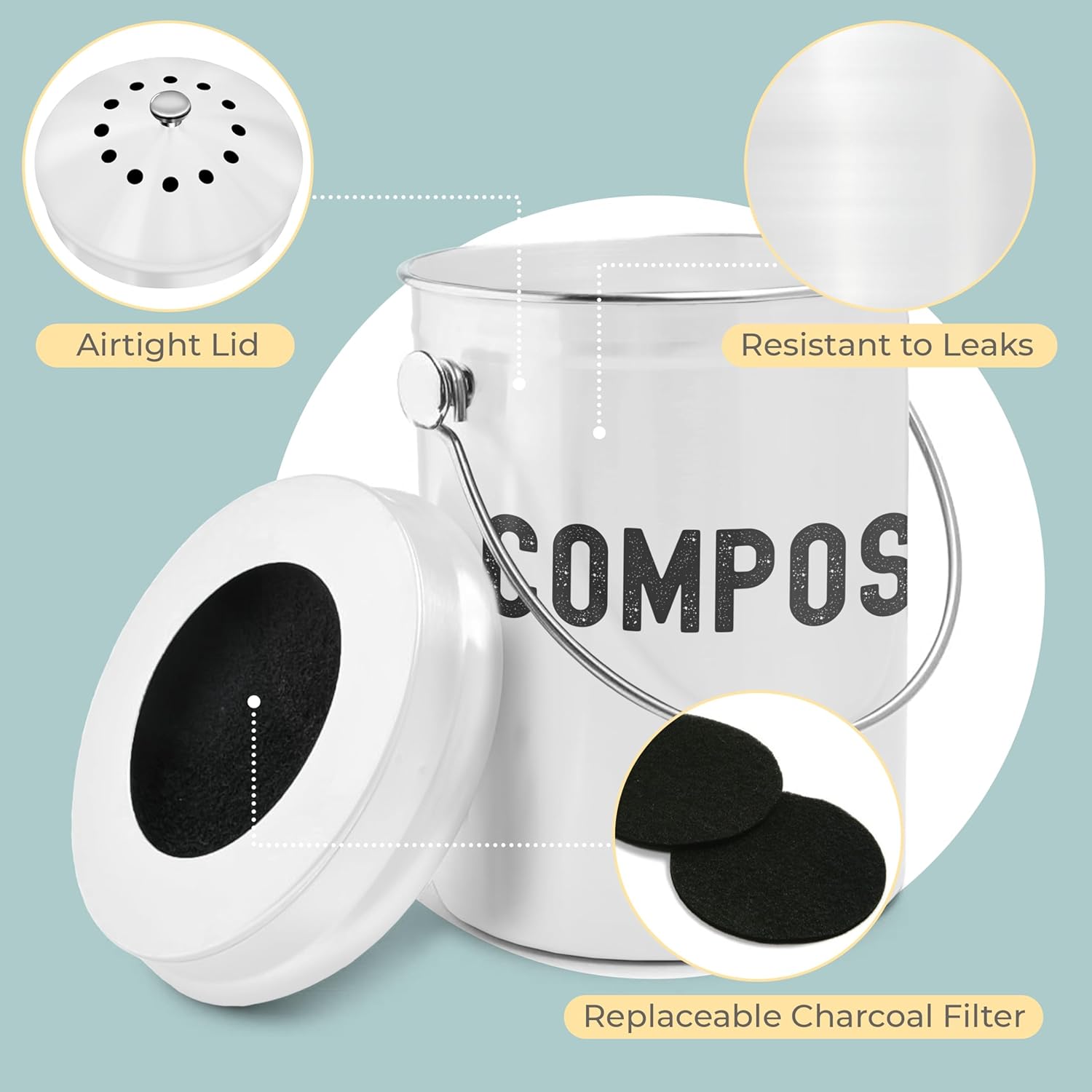 EPICA Countertop Compost Bin Kitchen | 1.3 Gallon | Odorless Composting Bin with Carbon Filters | Indoor Compost Bin with Lid | Stainless Steel Kitchen Composter for Food Scraps & Waste Recycling