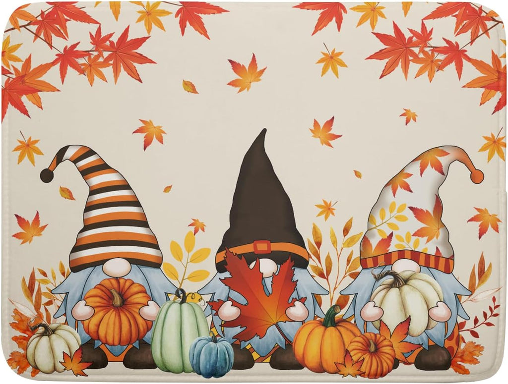 Fall Gnome Dish Drying Mat for Kitchen Counter Fall Pumpkin Dish Drying Mat Absorbent Fast Dry Drying Mat 16x18 Inch Thanksgiving Day Maple Leaves Dishes Pad Dish Drainer Rack Mats Fall Decor