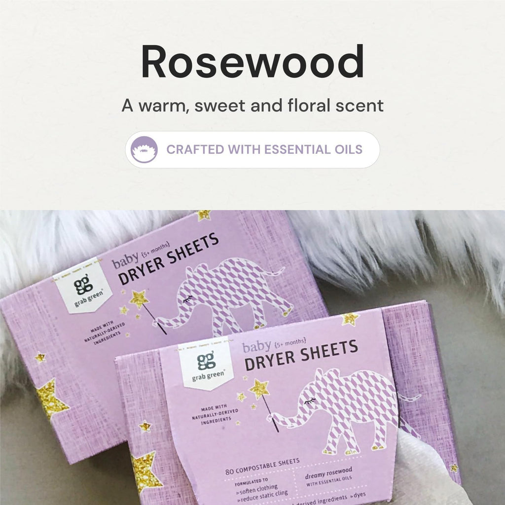 Grab Green Baby Laundry Dryer Sheets, 160 Sheets, Dreamy Rosewood Scent, Plant Based, Softens Clothing and Linens, Reduces Static Cling