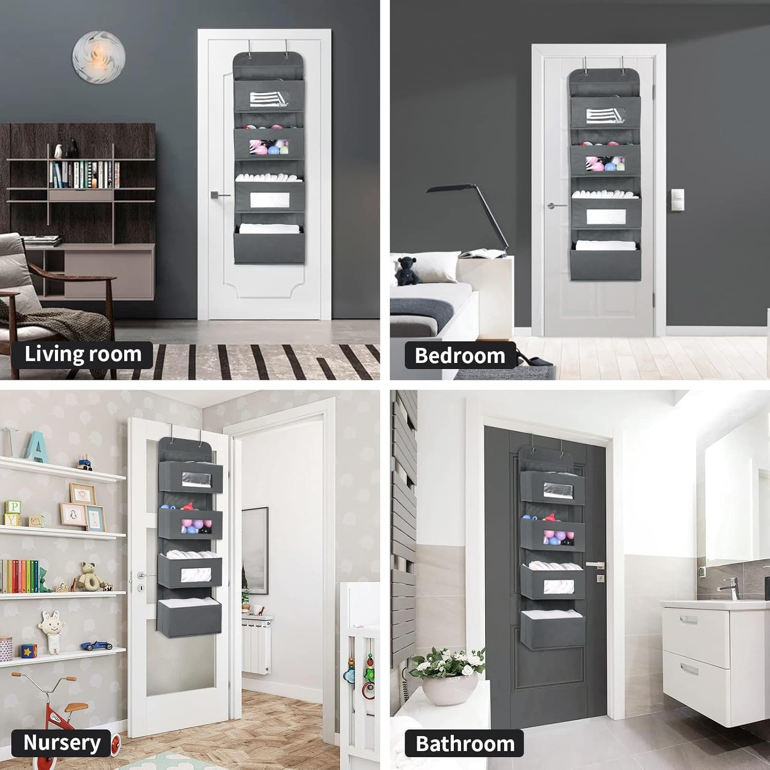MAX Houser 4-Shelf Over The Door Hanging Organizer with 2 Metal Hooks,4 Pocket Over The Door Wall Mount Storage with Clear Windows for Baby Nursery Bathroom Closet,Bedroom,Dorm,Diapers,Kids Toys(Gray)