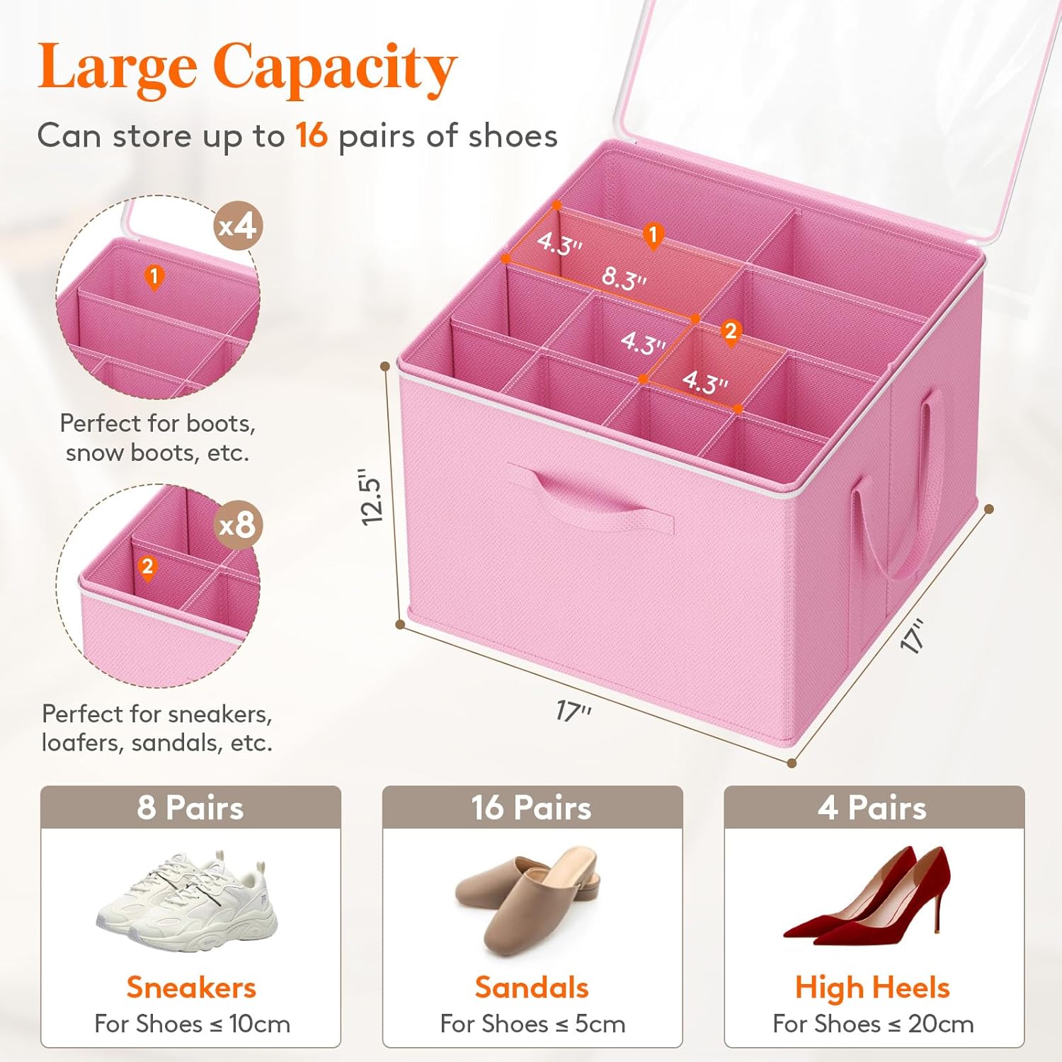 Lifewit Shoe Storage Organizer for Closet Fits 12-16 Pairs, Fabric Large Shoe Box Storage Containers with Clear Cover, Foldable Bins Fit for Boots Heels Sneakers 17"(L) x 17"(W) x 12.5"(H) 2 Pack Pink