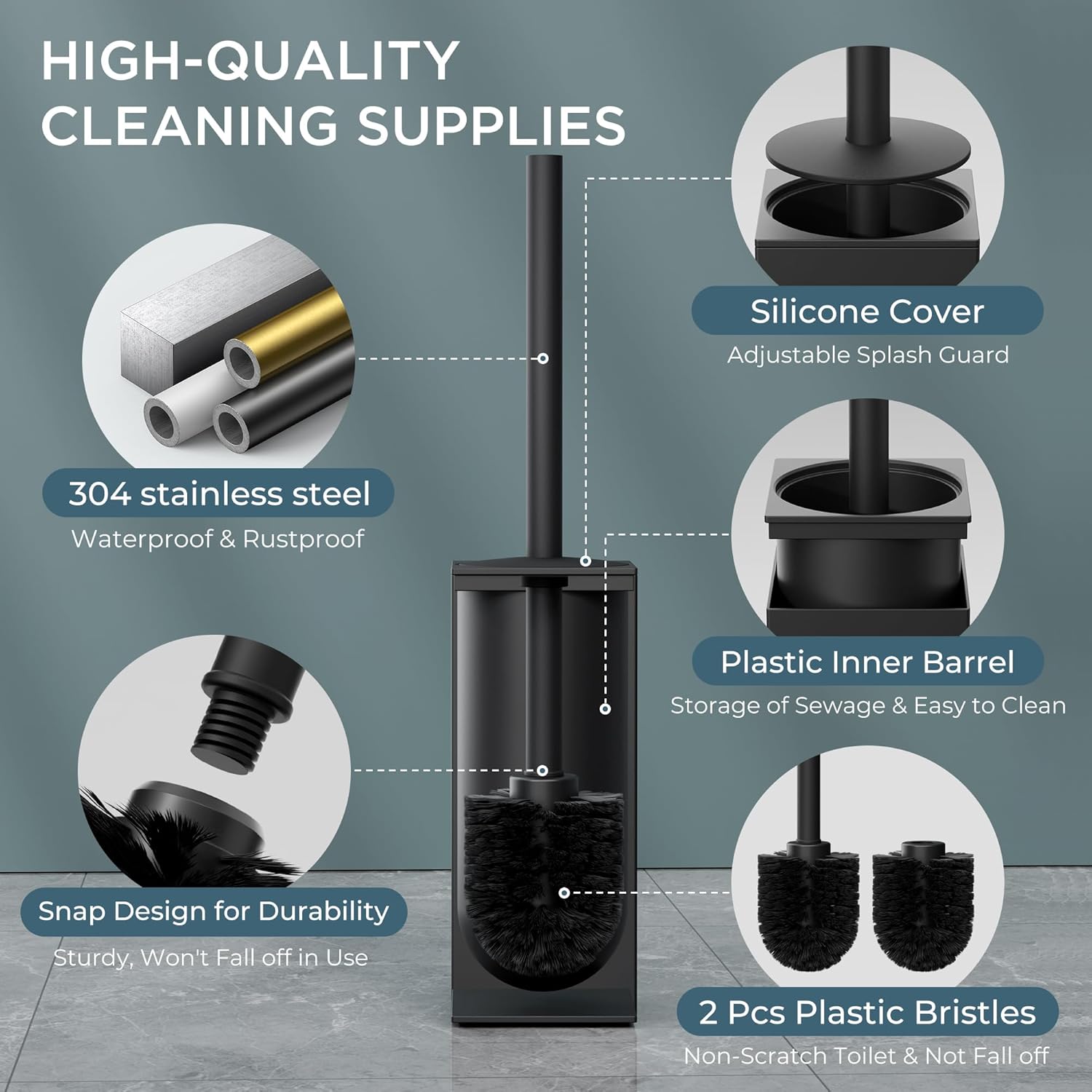 FORIOUS Toilet Brush and Holder Set, Heavy Duty 304 Stainless Steel Base Square and Long Handle for Bathroom Deep Cleaning, Drip-Proof, Space Saving for Storage, 2 Toilet Bowl Brush Head, Black