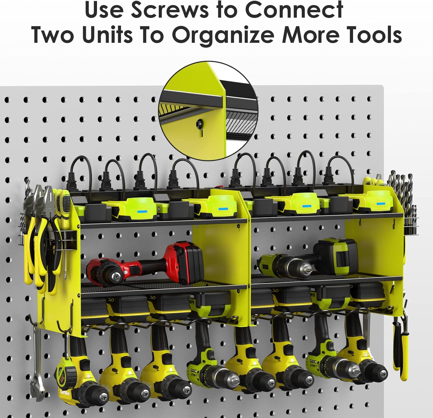 CCCEI Set Power Tool Organizer Wall Mount with Charging Station. Garage 4 Drill Storage Shelf with Hooks, Heavy Duty Metal Tool Battery Charger Organizer. Shop Utility Rack with Power Strip Green.