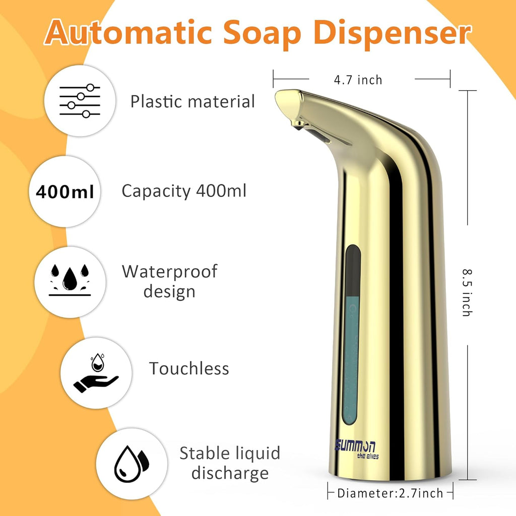 Automatic Liquid Soap Dispenser Touchless,400ML Hand & Dish Countertop Gold Electric Dispenser with Sensor,Modern 4 Gear Adjustable Waterproof Battery Operated Kitchen Auto Soap Pump