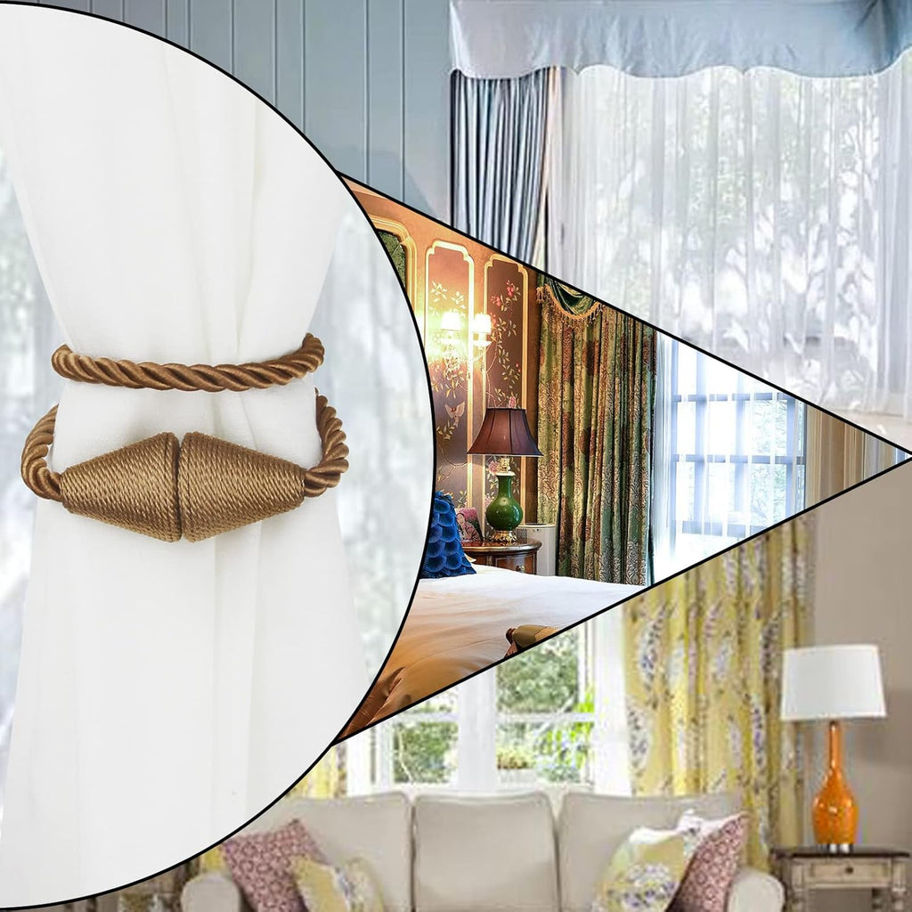4 Pack Magnetic Curtain Tiebacks Rope Modern Handmade Curtain Tie Backs Decorative Drapes Weave Holdbacks for Window Décor, Khaki