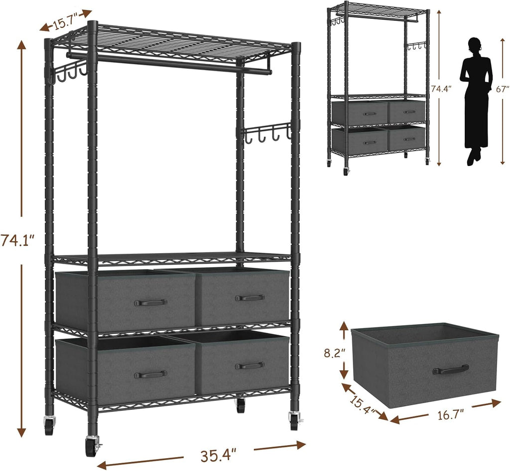 Clothes Rack, Heavy Duty Clothing Rack for Hanging Clothes, 4-Tier Adjustable Closet Organizer with 4 Drawers | Hanging Rod | Side Hooks | Load 445lbs | 15.7" D x 35.4" W x 74.1" H