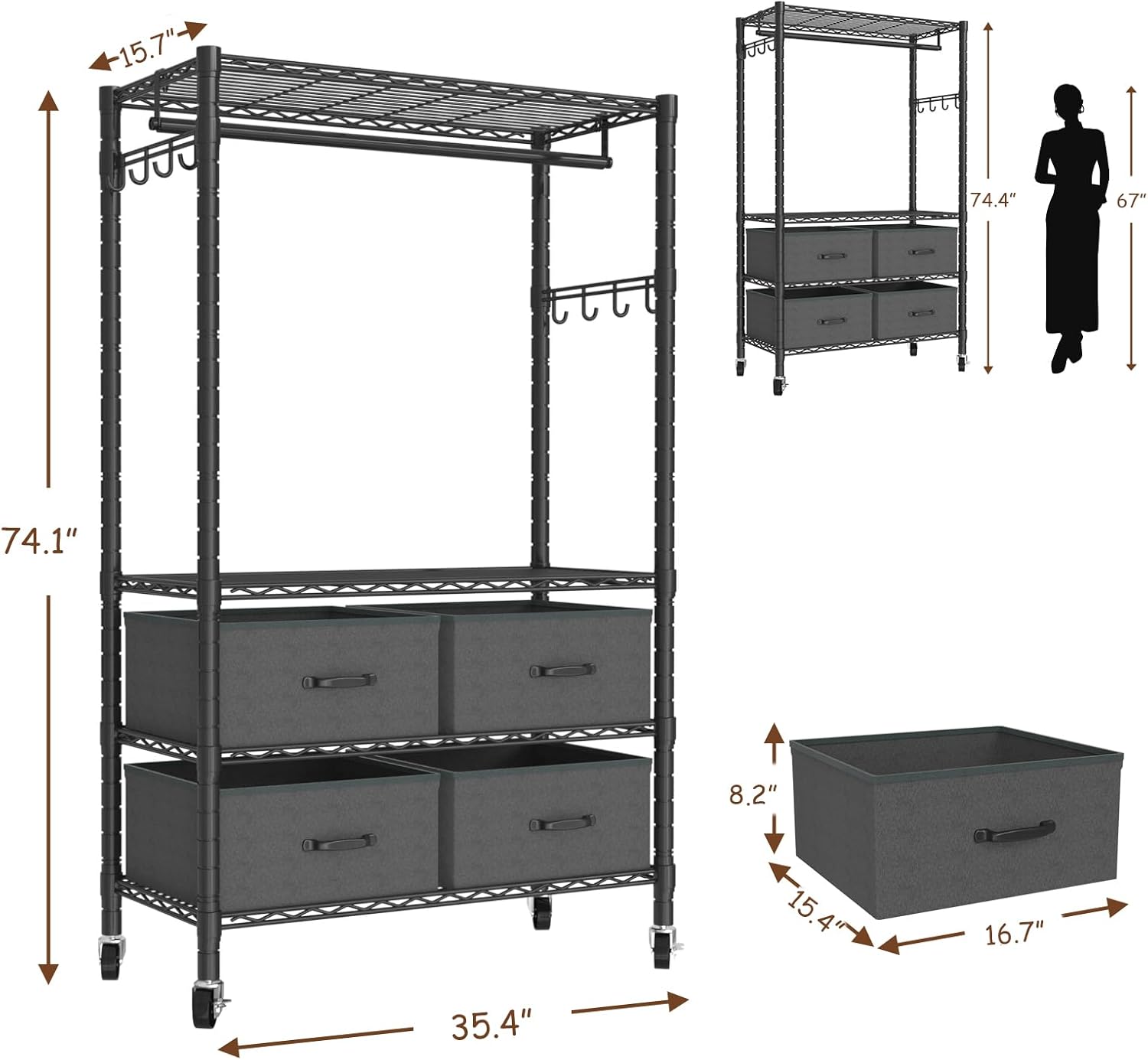 Clothes Rack, Heavy Duty Clothing Rack for Hanging Clothes, 4-Tier Adjustable Closet Organizer with 4 Drawers | Hanging Rod | Side Hooks | Load 445lbs | 15.7" D x 35.4" W x 74.1" H