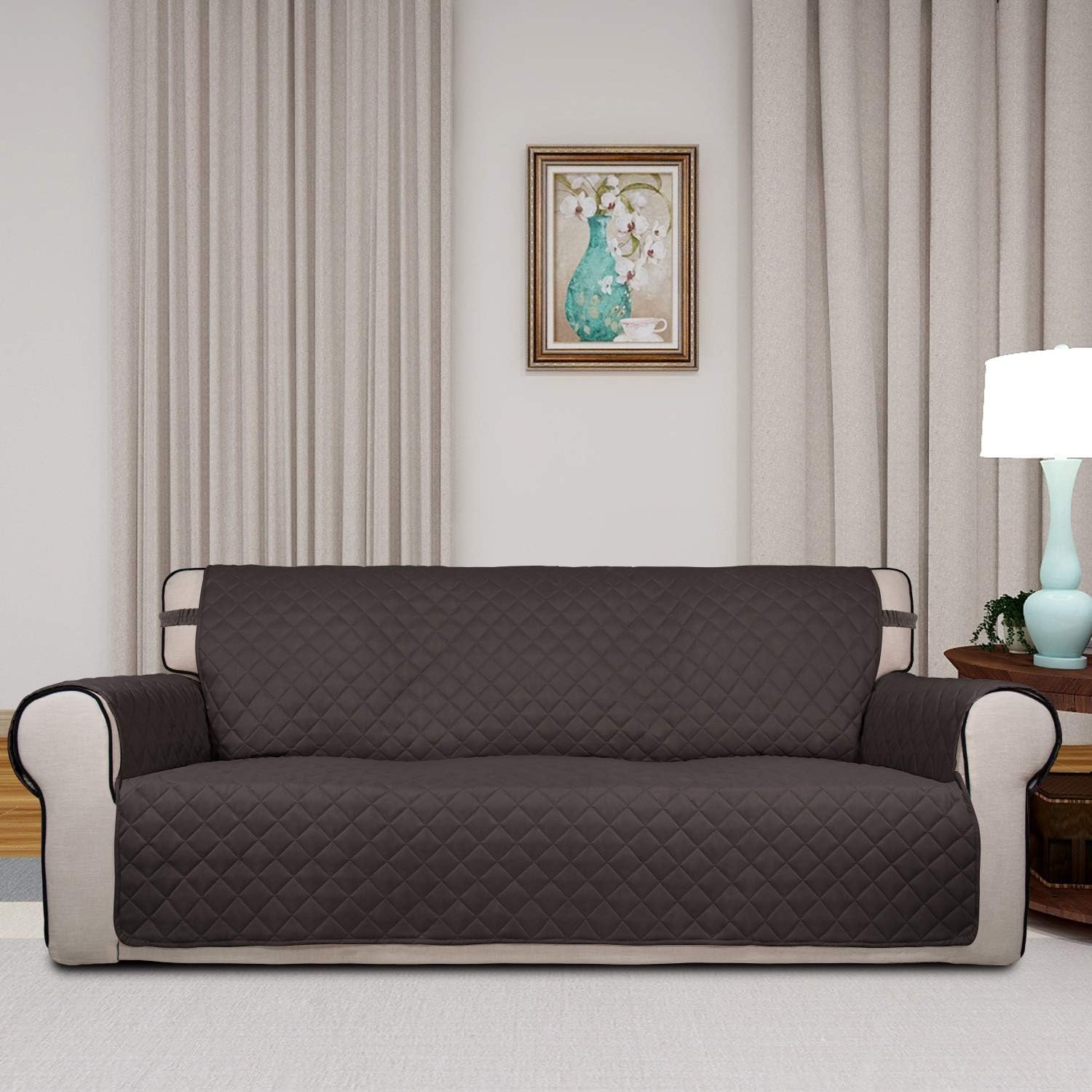 PureFit Reversible Quilted Sofa Cover, Water Resistant Slipcover Furniture Protector, Washable Couch Cover with Non Slip Foam and Elastic Straps for Kids, Pets (X Large, Chocolate/Chocolate)