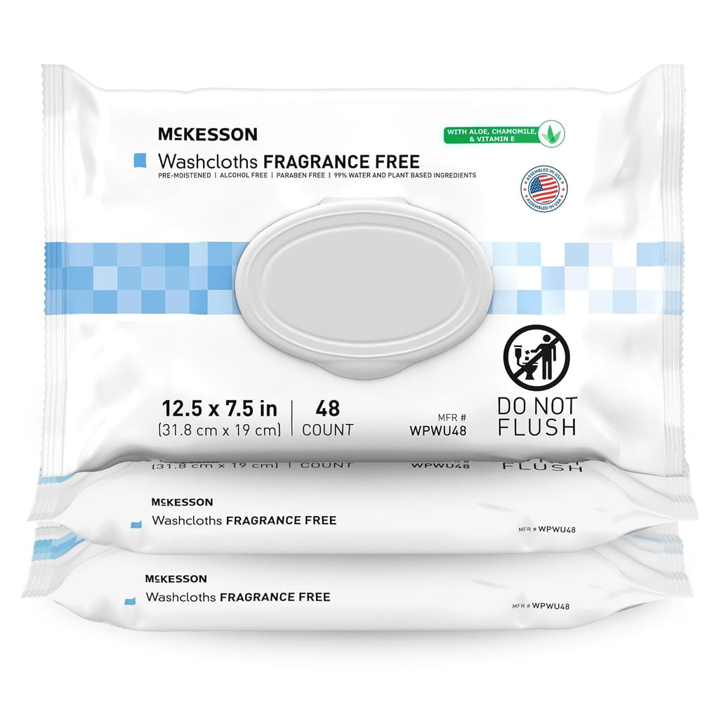 McKesson Washcloth Wipes for Adults, Unscented (3 Pack, 144 Washcloths) Disposable Wash Cloths for Body - Fragrance-Free No-Rinse Formula - Good for Incontinence and Elderly - 48 Wipes Per Pack