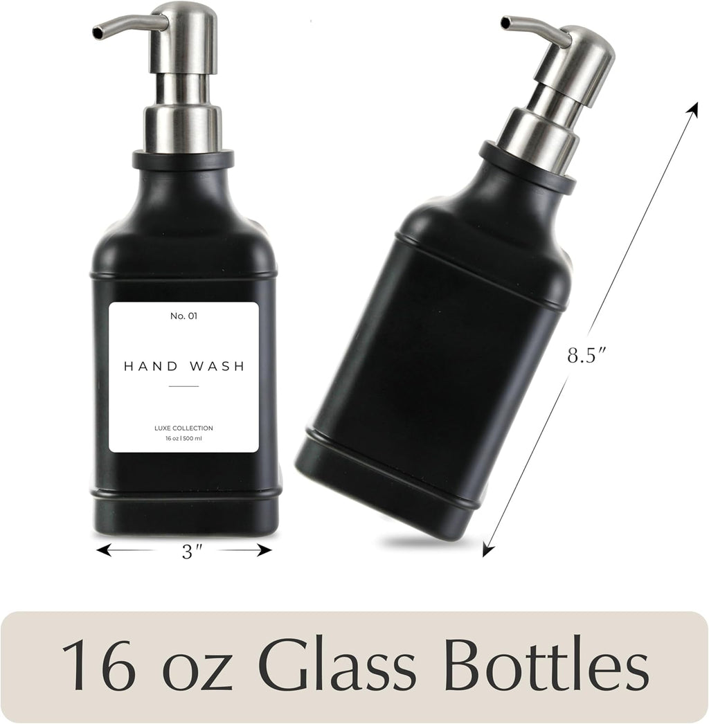 Emerson Essentials Soap Dispenser, Dish Soap Dispenser, Soap Bottle Bathroom Set, Hand Soap Farmhouse, Kitchen Soap Bottles - Glass Soap Dispenser with Pump and Labels, 16 Oz, 2 Pack