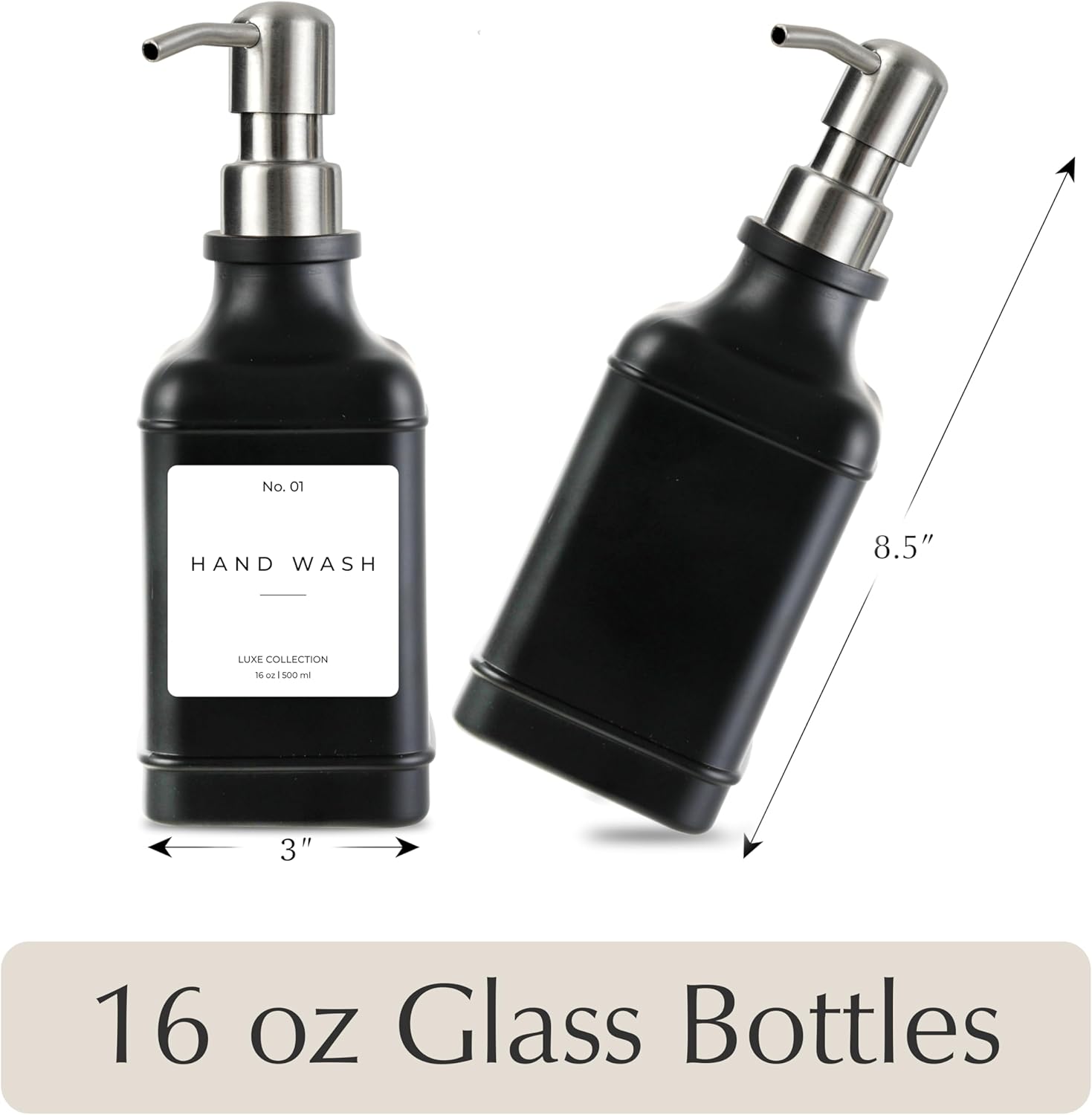 Emerson Essentials Soap Dispenser, Dish Soap Dispenser, Soap Bottle Bathroom Set, Hand Soap Farmhouse, Kitchen Soap Bottles - Glass Soap Dispenser with Pump and Labels, 16 Oz, 2 Pack
