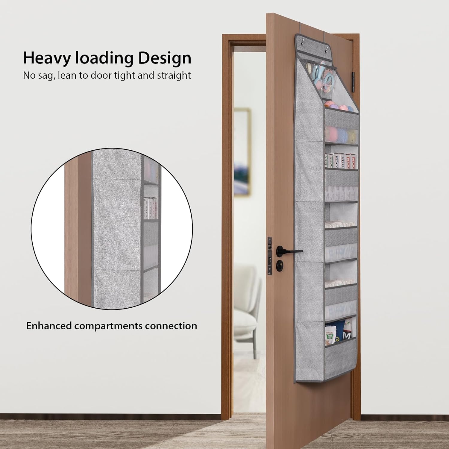 Univivi 6-Shelf Over Door Hanging Organizer Fabric Baby Door Storage with 5 Large Pockets and 3 Small PVC Pockets Wall Mount Hanging Storage Organizers for Baby Essential (Grey Pattern)