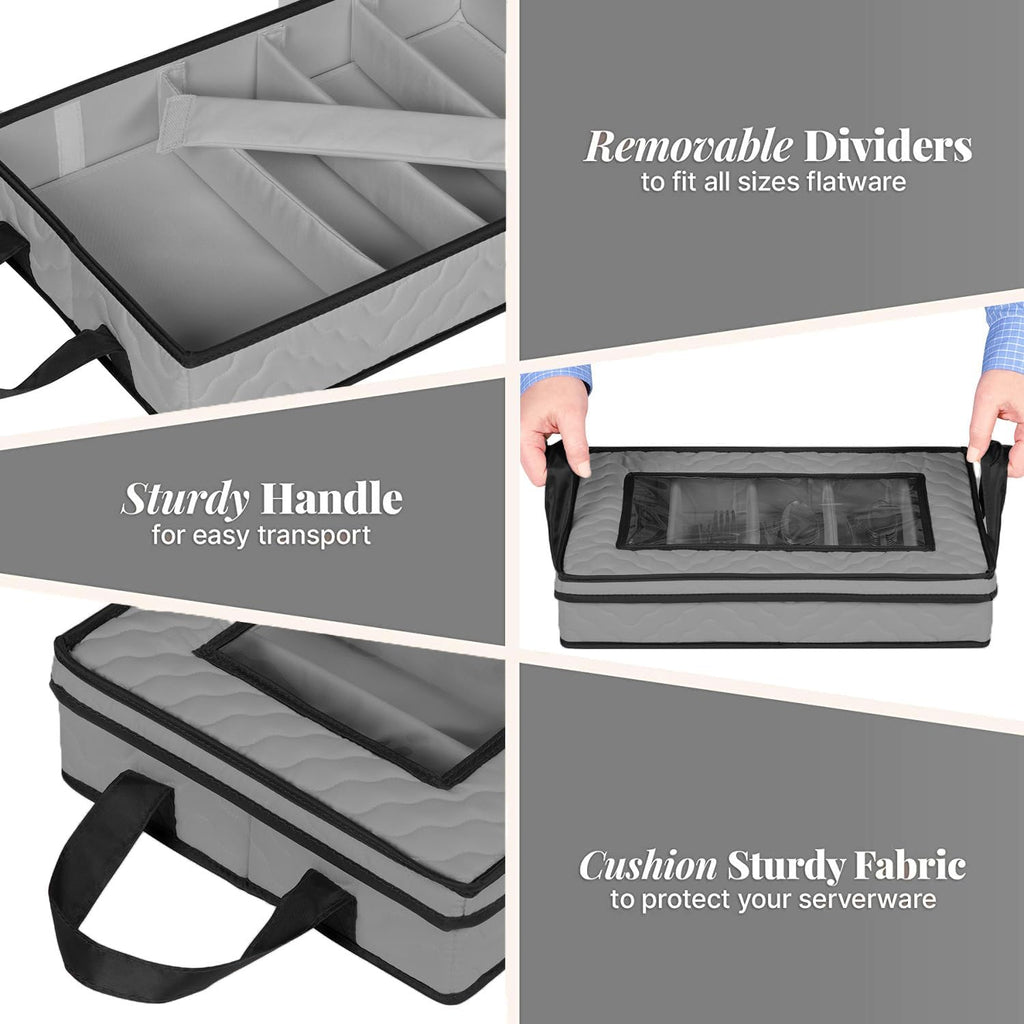 Flatware Storage Case - Durable 5 Compartment Silverware Storage Container Box with Removable Lid and Easy to Carry Handles - Large Capacity Keeps Your Cutlery Organized & Protected - Gray
