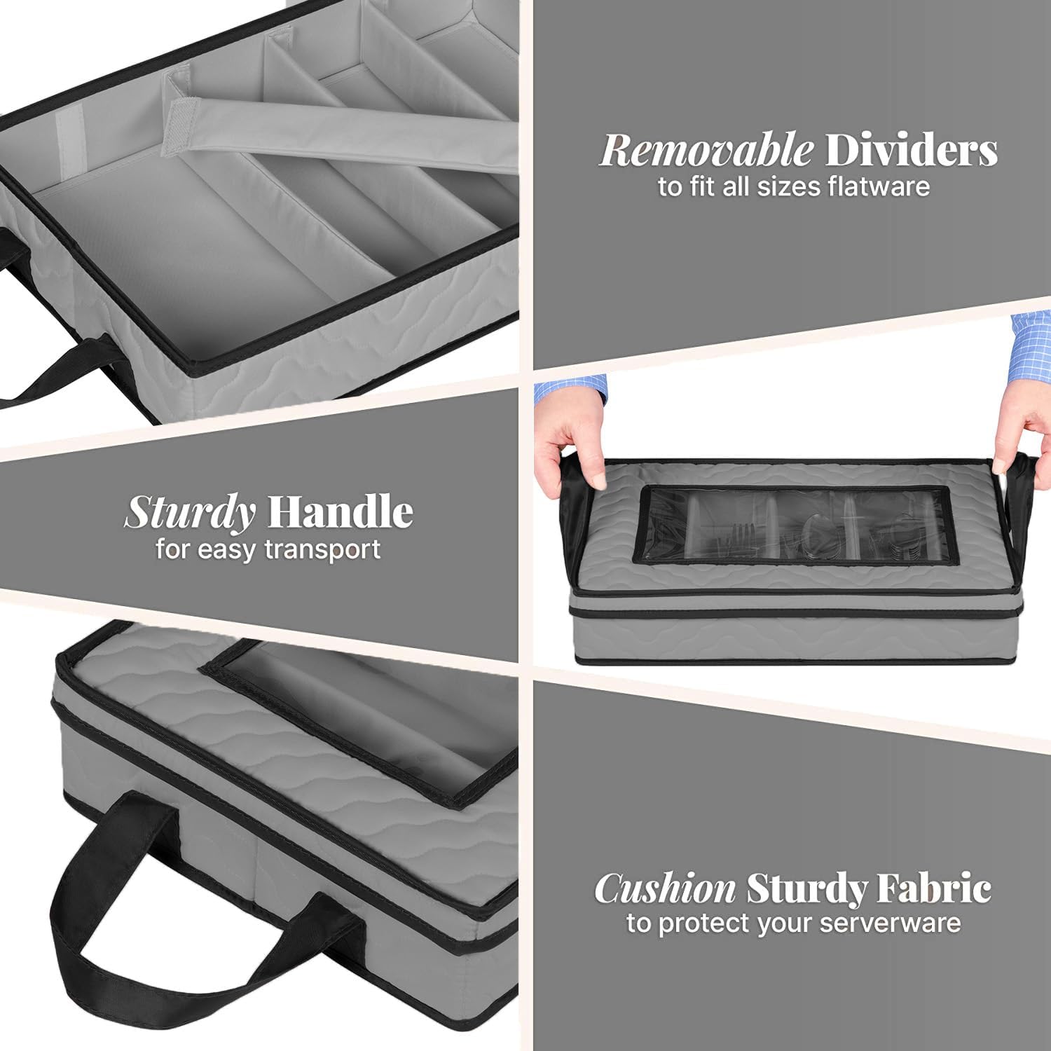 Flatware Storage Case - Durable 5 Compartment Silverware Storage Container Box with Removable Lid and Easy to Carry Handles - Large Capacity Keeps Your Cutlery Organized & Protected - Gray