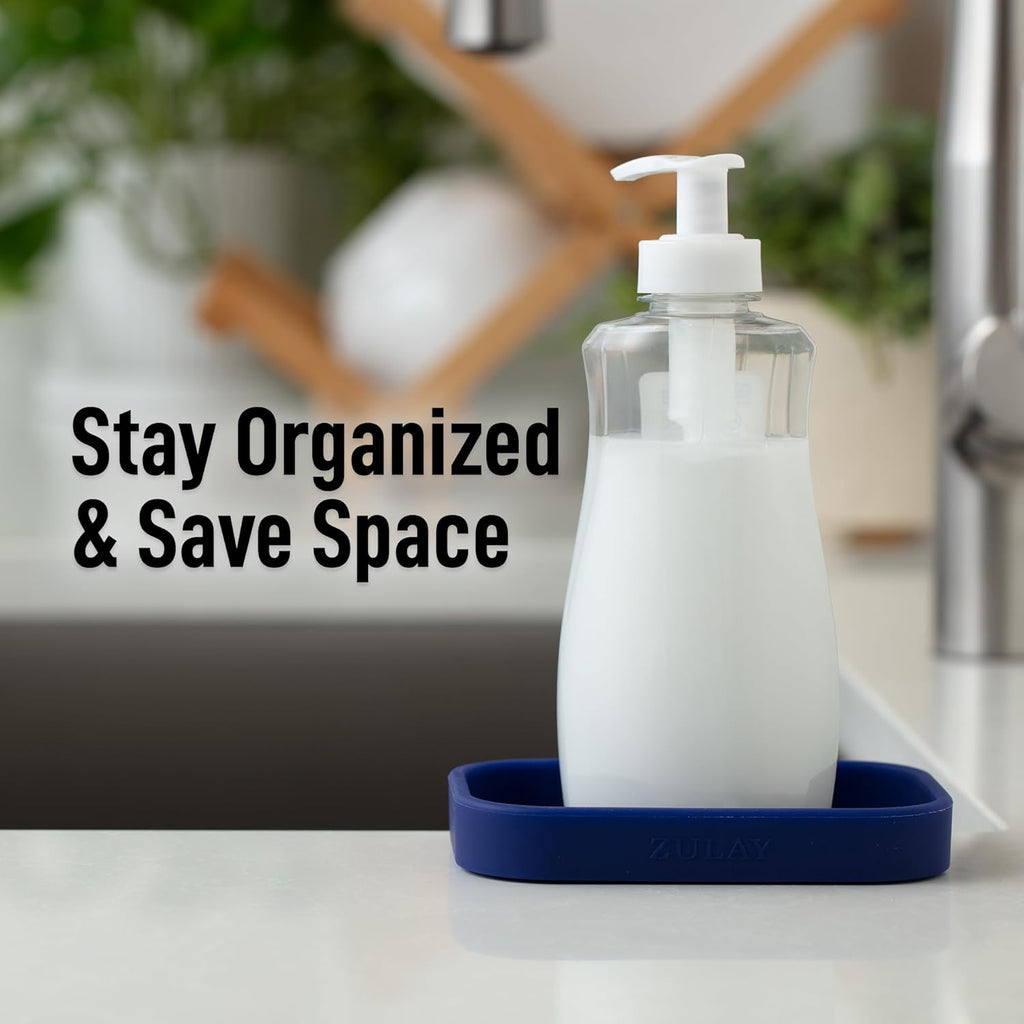 Zulay Kitchen Small Silicone Sponge Holder (4.9x3.3”) – Space-Saving Sink Organizer Tray for Sponge, Soap, Brush & More – Compact Non-Slip Dish for Kitchen & Bathroom (Dark Blue)