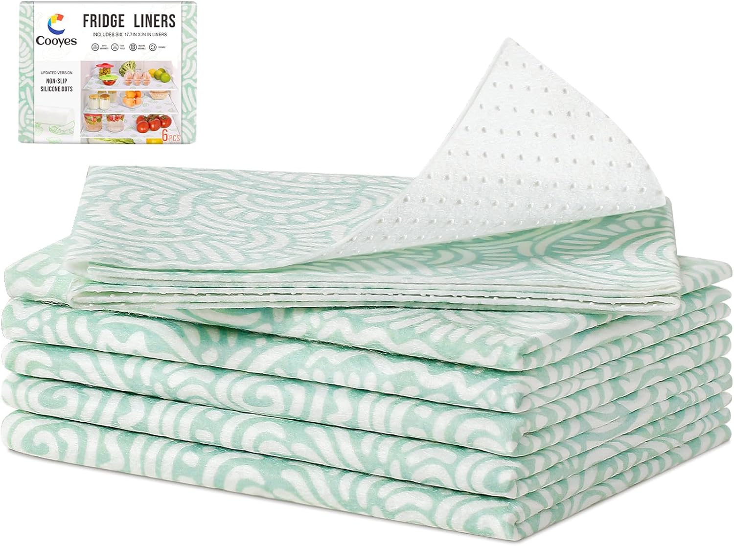 Cooyes Refrigerator Shelf Liners, Drawer Liners for Kitchen Cabinets, Absorbent Fridge Mats with Non-Slip Particles, Breathable Cloth Material BPAfree, Keep Produce Fresh Longer, 6 Pack, 12" × 24"