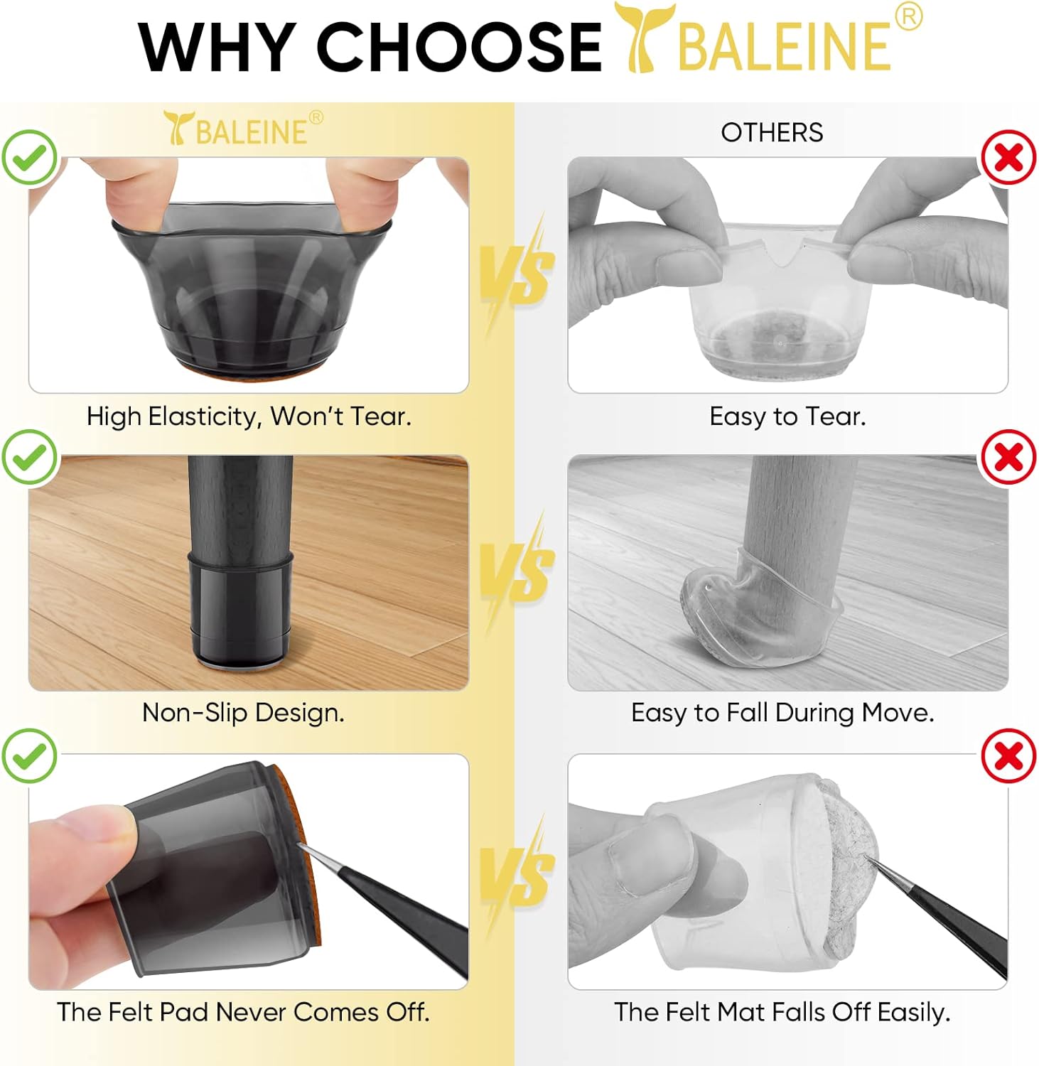 BALEINE 16 Pack Silicone Chair Leg Floor Protectors, Stool Leg Protectors Cap, Non-Slip Chair Leg Caps for Hardwood Floors (Black & Small, 16 Pack)