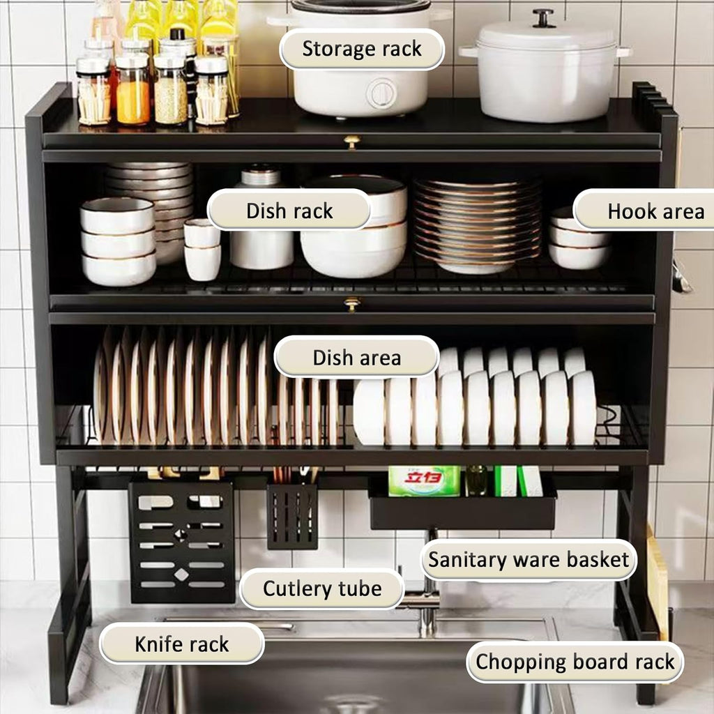 Dish Drying Rack 4 Tiers with Cover, Keep Kitchen Sink Shlef Organized Space-Saving, Large Drying Rack for Dishes, Glasses, Bowls, Cutlery black W-41.3in