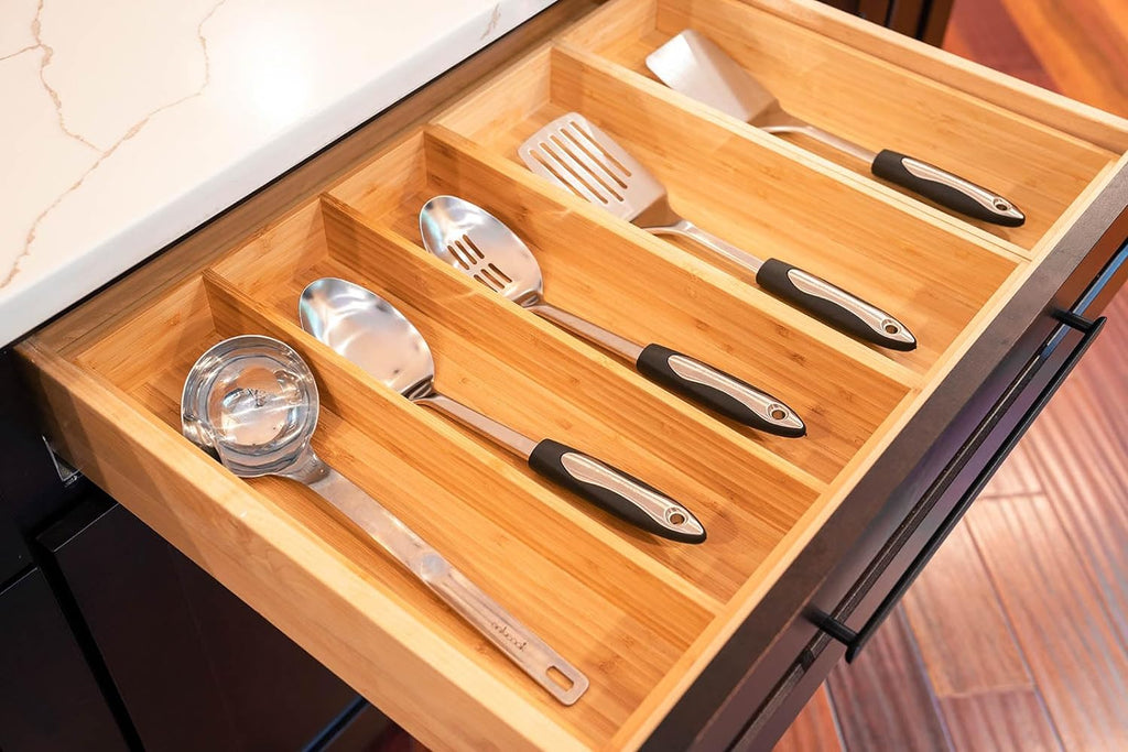 Umilife Bamboo Kitchen Utensils Organizer, 13 Inch Drawer Dividers for Silverware, Extra Deep Holder, with Non-Slip Feet, Wood Caddy for Flatware Cutlery
