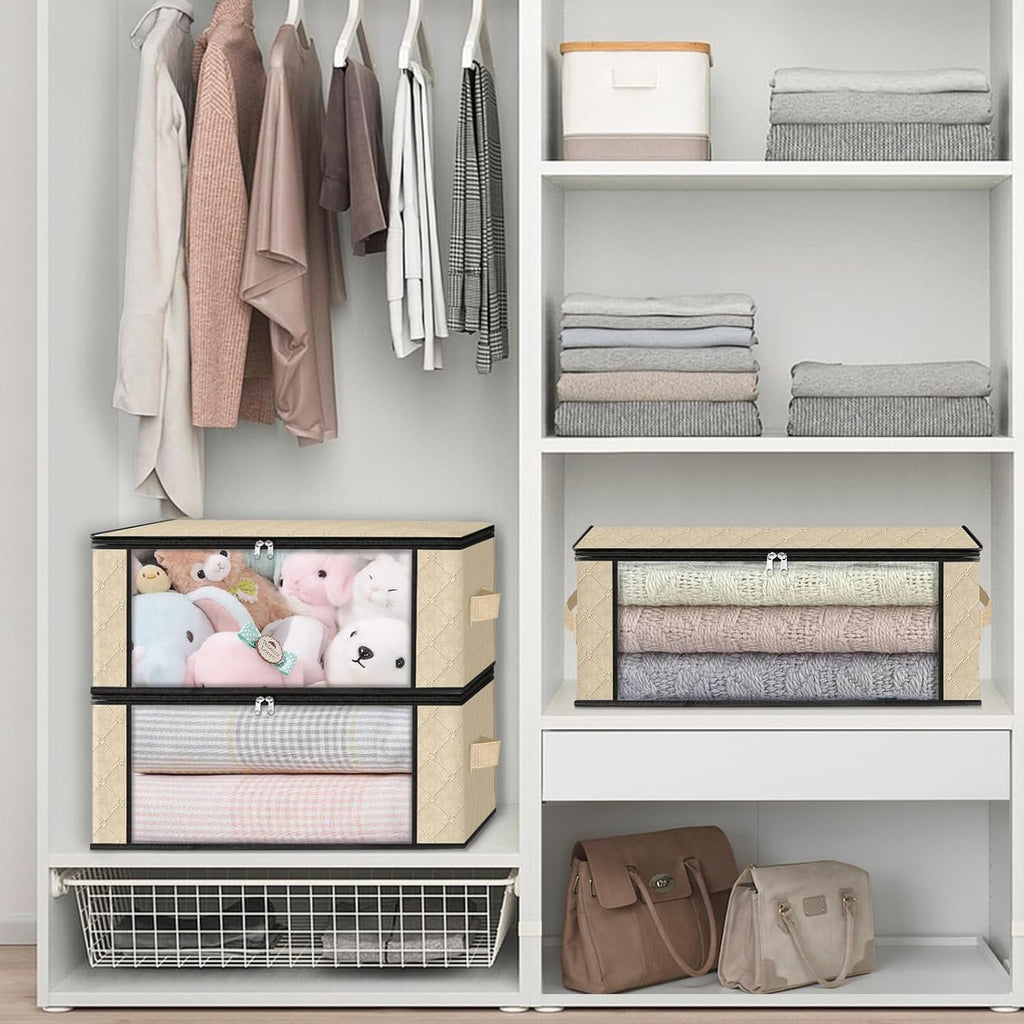 HomeHacks Storage 4-Pack Clothes Organizer Storage Bags Foldable Storage Box with Large Clear Window Sturdy Handles for Closet, Dorm, Pillows, Bedding, Clothes, Blankets, 35L, Beige