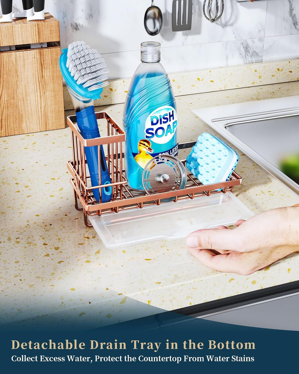 Consumest Sponge Holder for Kitchen Sink - Sink Caddy Kitchen Organizer with Removable Drip Tray for Countertop Dish Soap Dispenser Brush Storage Accessories 304 Stainless Steel, Rose Gold