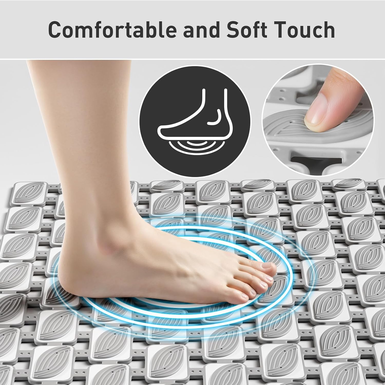 Shower Mat Non Slip Bathtub Mat - 36 x 16 Inch Eco-Friendly Soft Bath Mat for Tub Non Slip Shower Mats for Inside Shower with Suction Cups and Drain Holes, Easy to Clean Quick-Drying, Grey