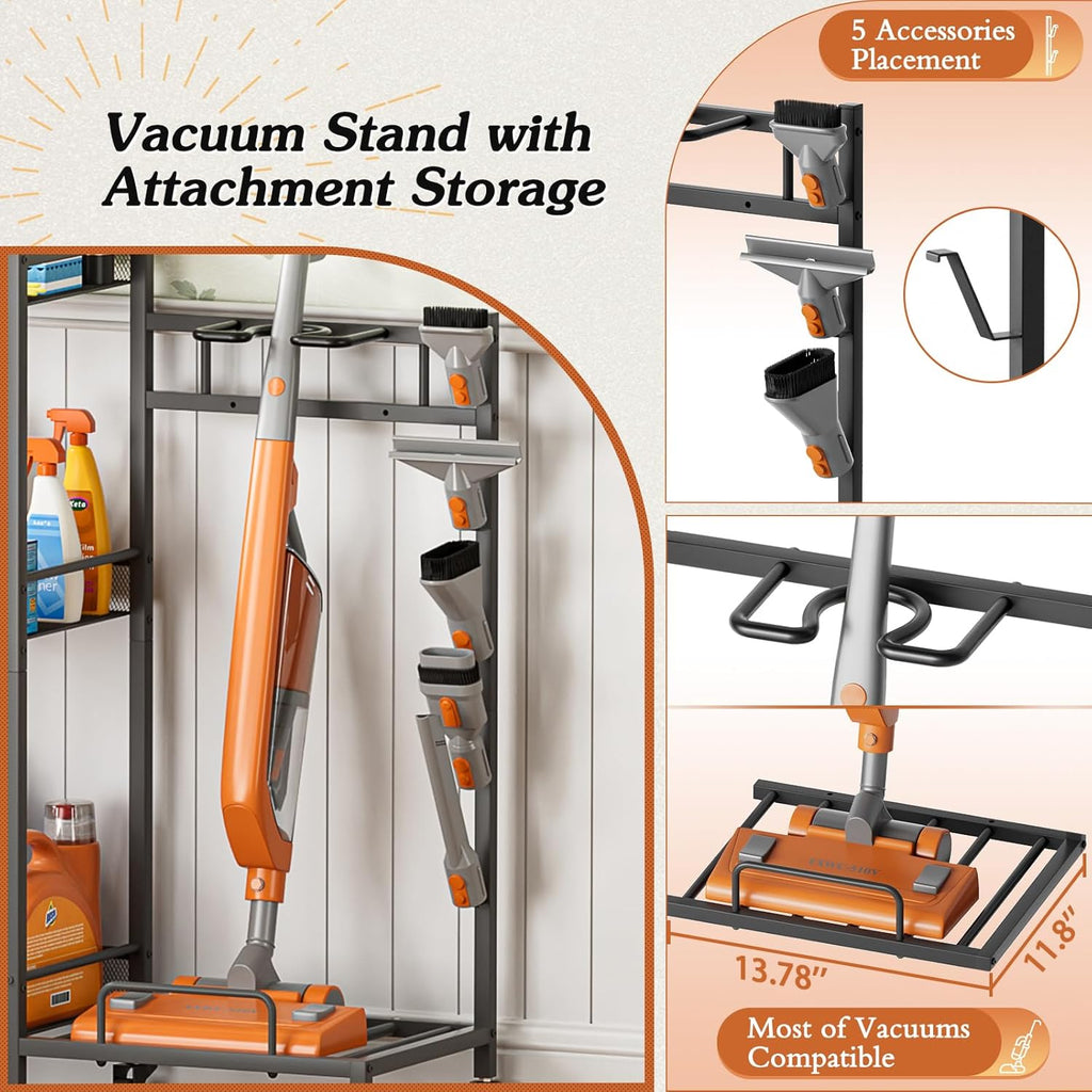 Broom Holder with Cleaning Supplies Organizer, Broom Closet Storage Cabinet with Cleaning Caddy Vacuum Stand, Cleaning Cart with Mop Hanger Gripper Rack Hook, Laundry Room Organization Home Essentials