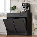 Double Tilt Out Trash Can Cabinet, Trash Storage Cabinet with 2 Drawers, Hidden Garbage Bin, Free Standing Laundry Sorter Organizer for Kitchen Dining Living Room, Bathroom, Black