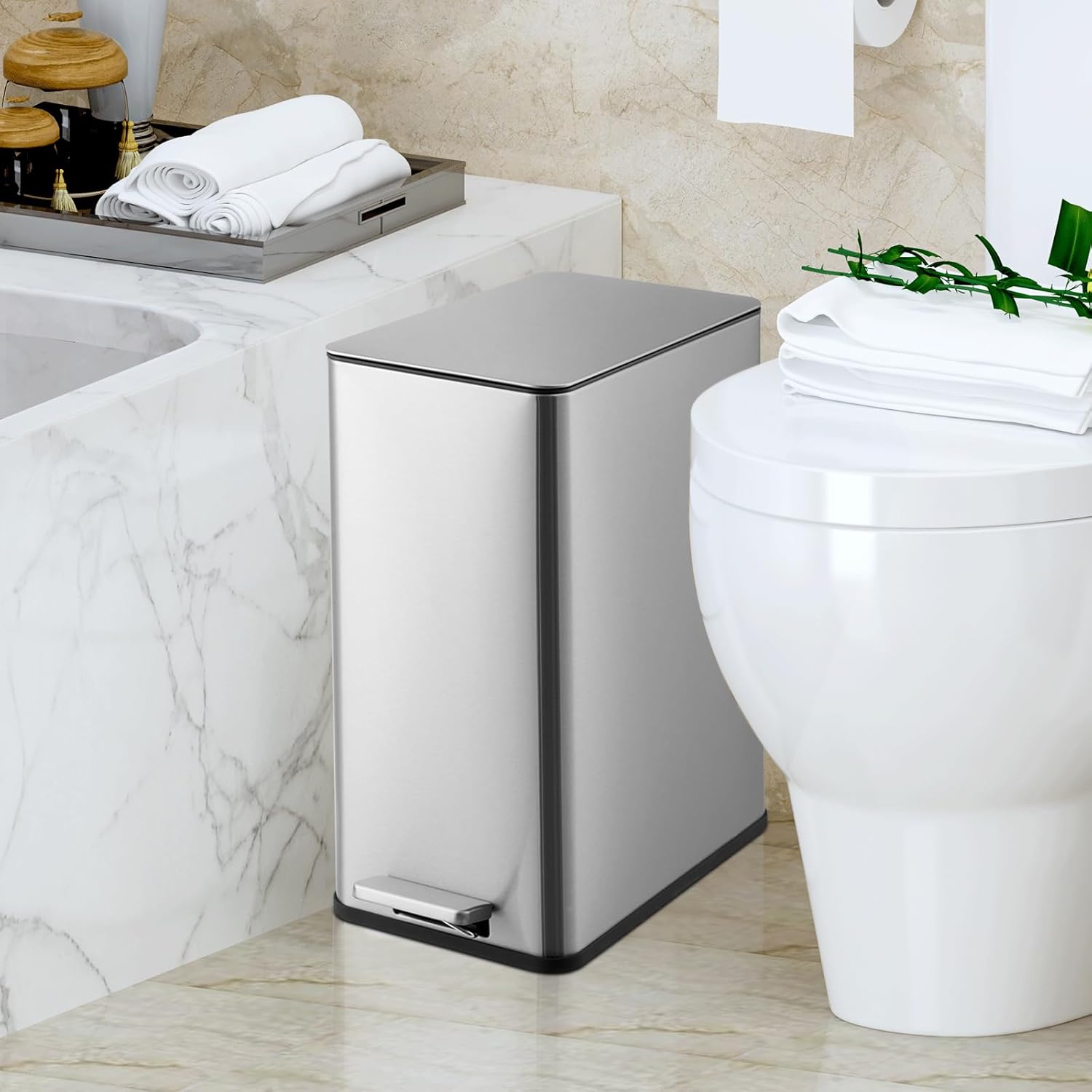 GarveeHome 4 Gallon Step Trash Can, 15 Liter Stainless Steel Rubbish Bin with Removable Inner Bucket, Rectangle Slim Garbage Can with Soft-Close Lid for Bathroom, Living Room, Office, Silver