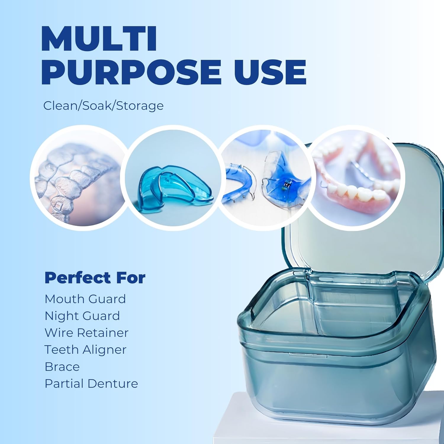 Retainer Case Denture Bath Case,Retainer Cleaner Case with Lid,Denture Cup for Partial Dentures,Mouth Guard&Braces,Denture Soaking Container Case for Travel (Blue)