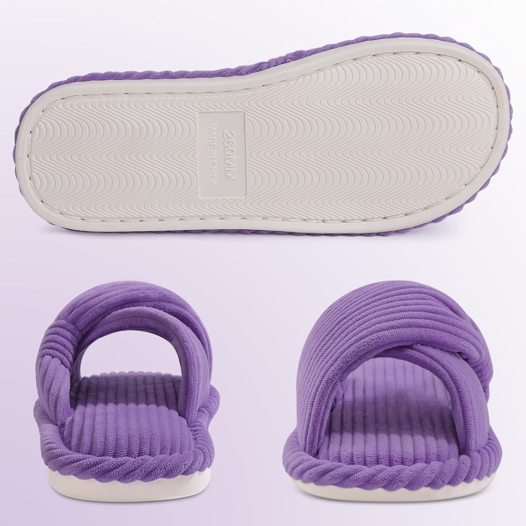 Evshine Summer House Slippers for Women Corduroy Cross Bow Indoor Slippers Open Toe Slip On Bedroom Shoes with Memory Foam