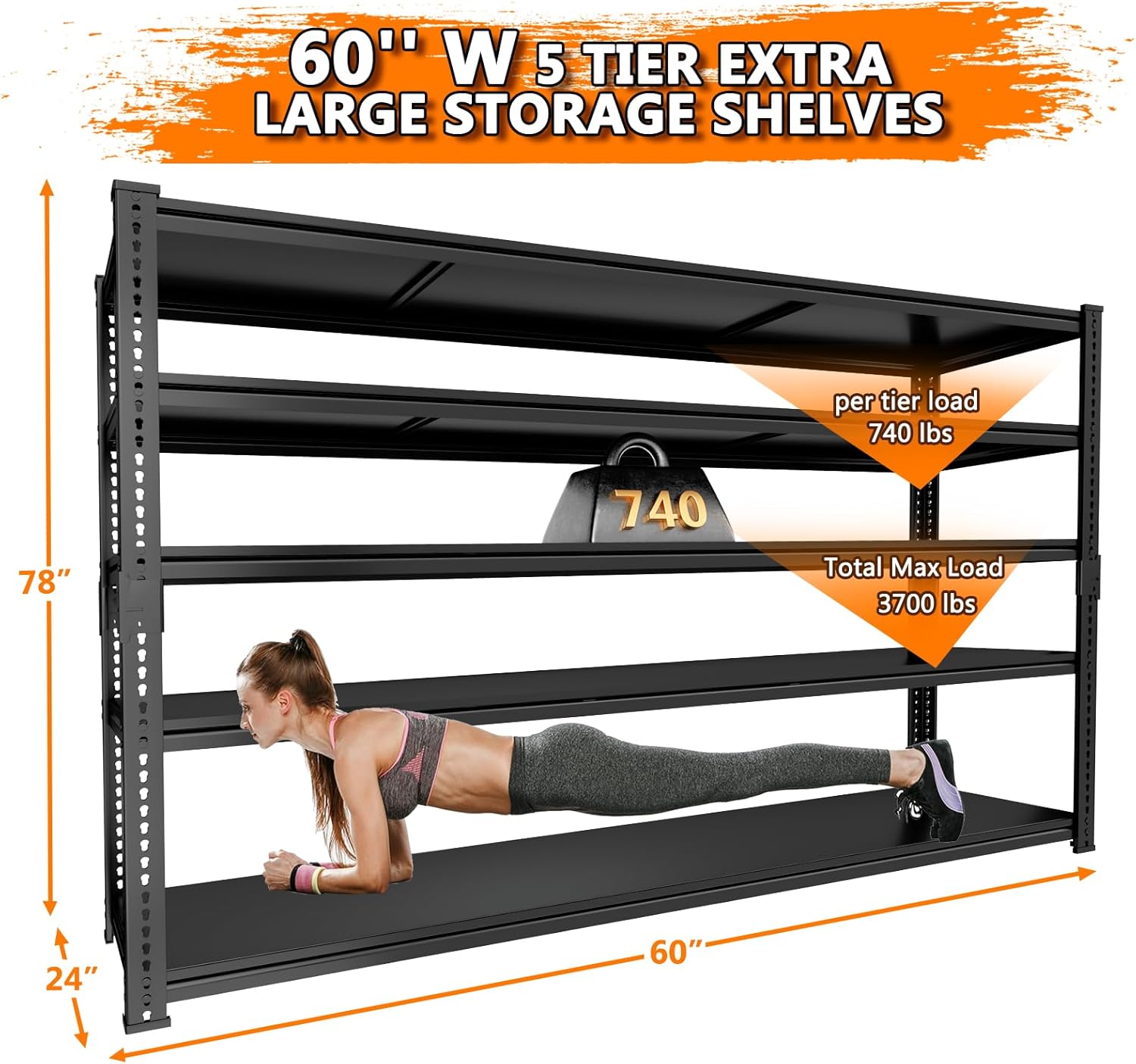 Storage Shelves Heavy Duty 4 PCS, 60" L x 24" W x 78" H Garage Storage Shelves Unit Loads 3700LBS, 5-tier Adjustable Metal Industrial Utility Shelf Rack for Kitchen, Laundry Room, Warehouse, Basement