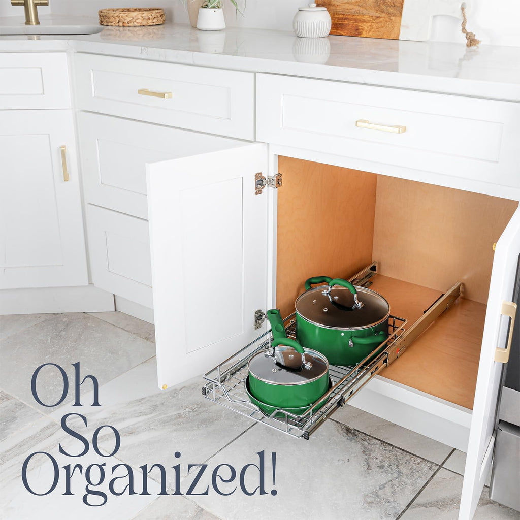 HOLDN’ STORAGE Pull Out Cabinet Organizer, Heavy Duty Caddy w/Lifetime Limited Warranty -14”W x 21”D - Requires At Least 15-1/4” Cabinet Opening, Steel Metal Cabinet Drawers Slide Out, Chrome