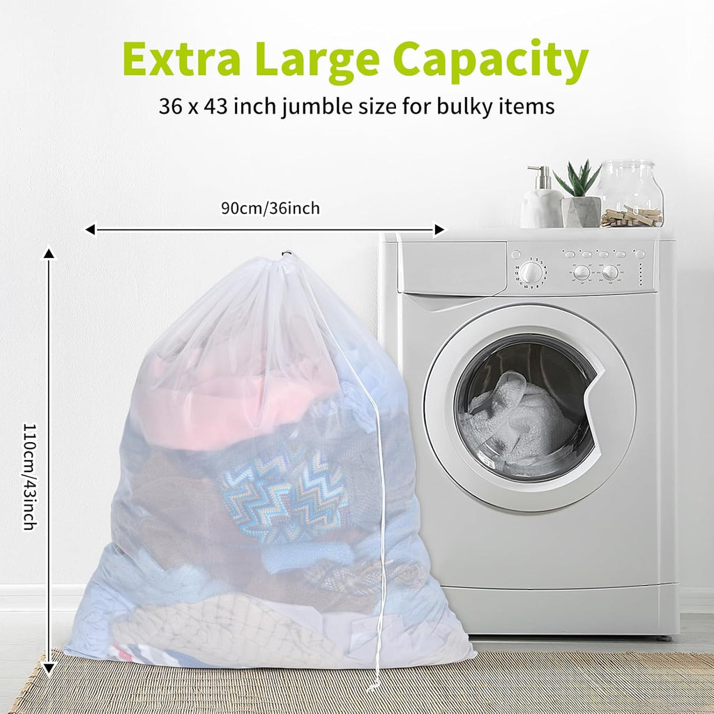 OTraki Large Mesh Laundry Bag 36 x 43 Inch Drawstring Laundry Wash Bags, 2 Pack Dirty Clothes Net Laundry Bag Heavy Duty Travel Storage Organize Bag for Home Apartment Dorm Camp Hotel Beach, White