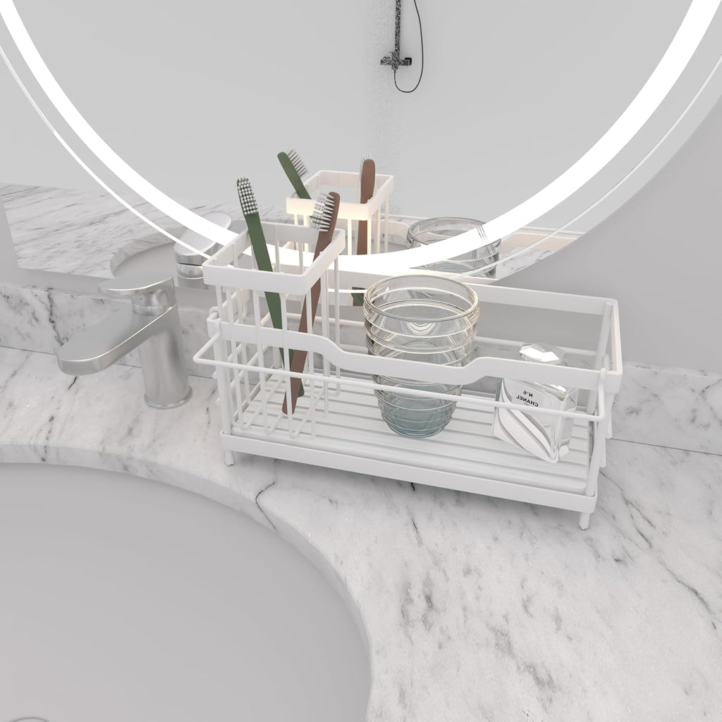 Sponge Holder for Kitchen Sink,Sink Caddy Organizer with Stone Drying Tray, Stainless Steel Kitchen Countertop Organizer for Sponge Soap Dispenser White
