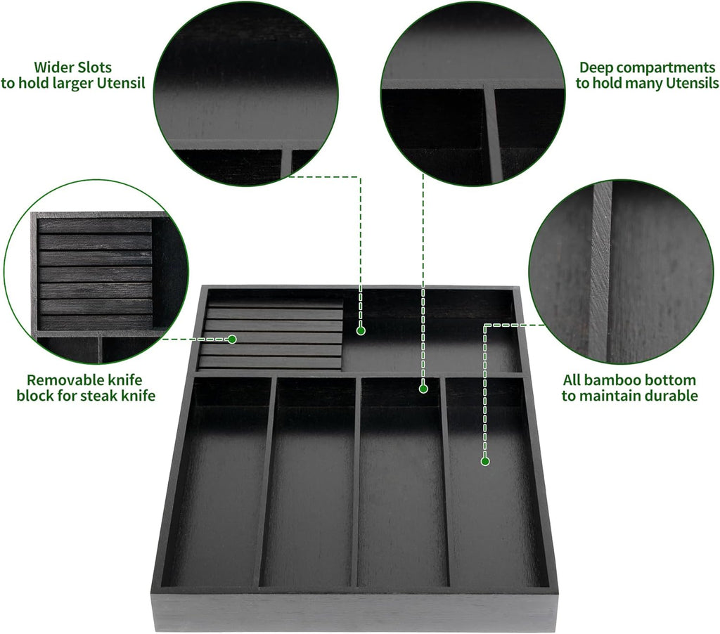 VaeFae Bamboo Silverware Organizer, Utensil Holder for Drawer, Wooden Cutlery Tray with Divider for Kitchen Drawer, Utensil Organizer with Knife Block（Black）