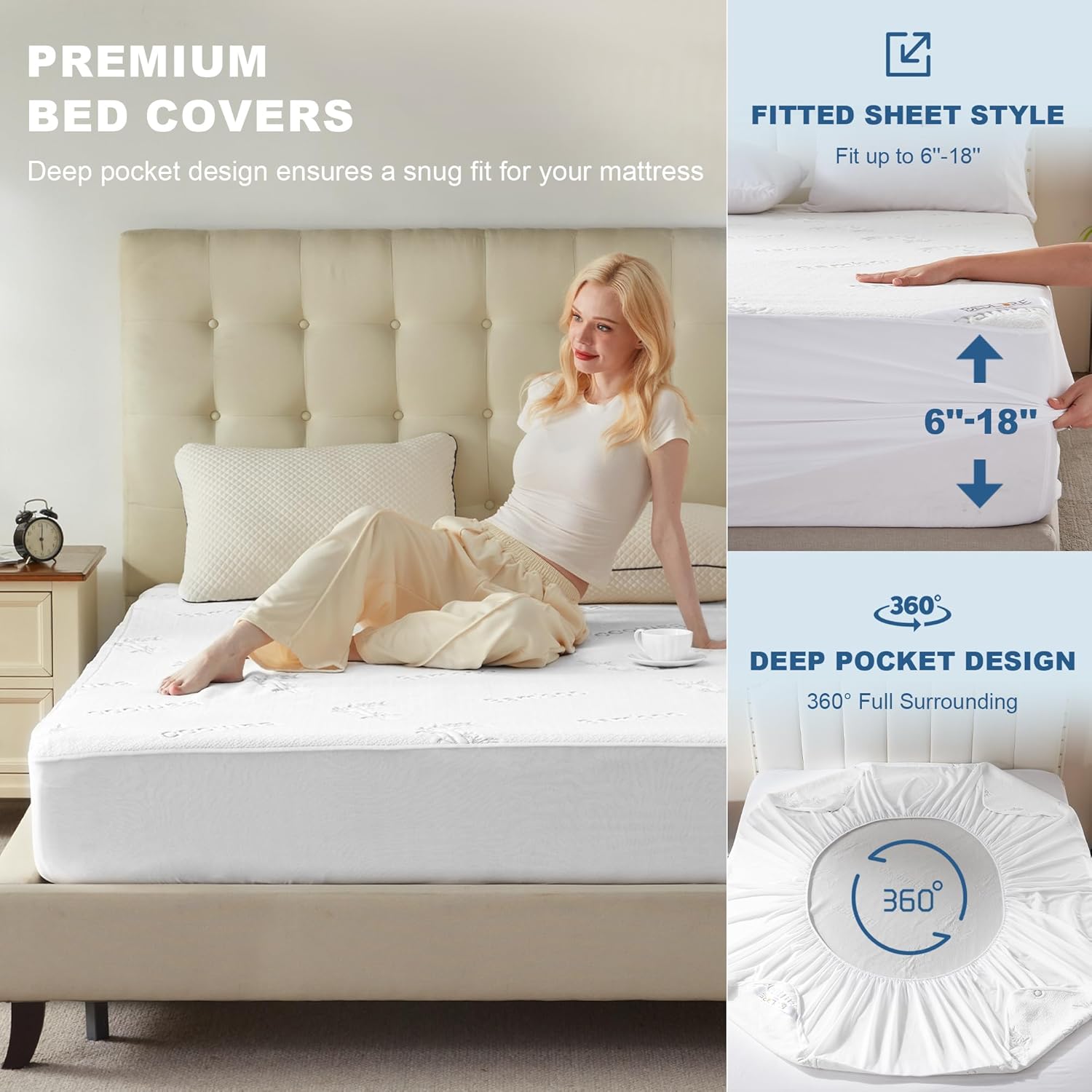 Waterproof Queen Size Mattress Protector, Mattress Pad Fitted 6"-18" Deep Pocket, 3D Air Fabric Bed Mattress Cover Noiseless Washable for Bedroom, Hotel