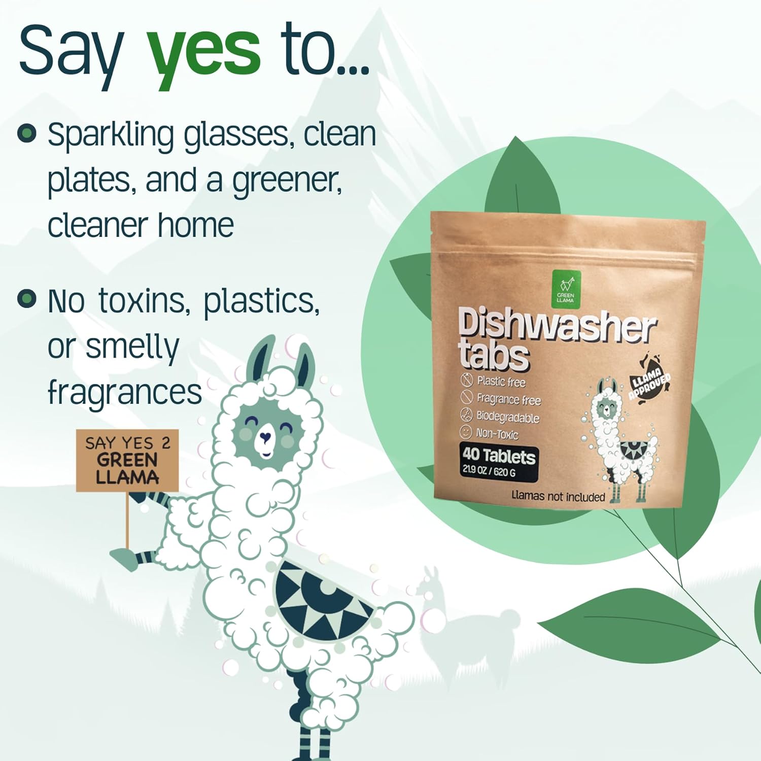 Green Llama Dishwasher Tablets (80 Count, 2 Packs): Fragrance-Free, PVA-Free, Compostable Packaging, Leaping Bunny Certified, Powerful Cleaning, Eco-Friendly & Cruelty-Free, Women-Owned Business