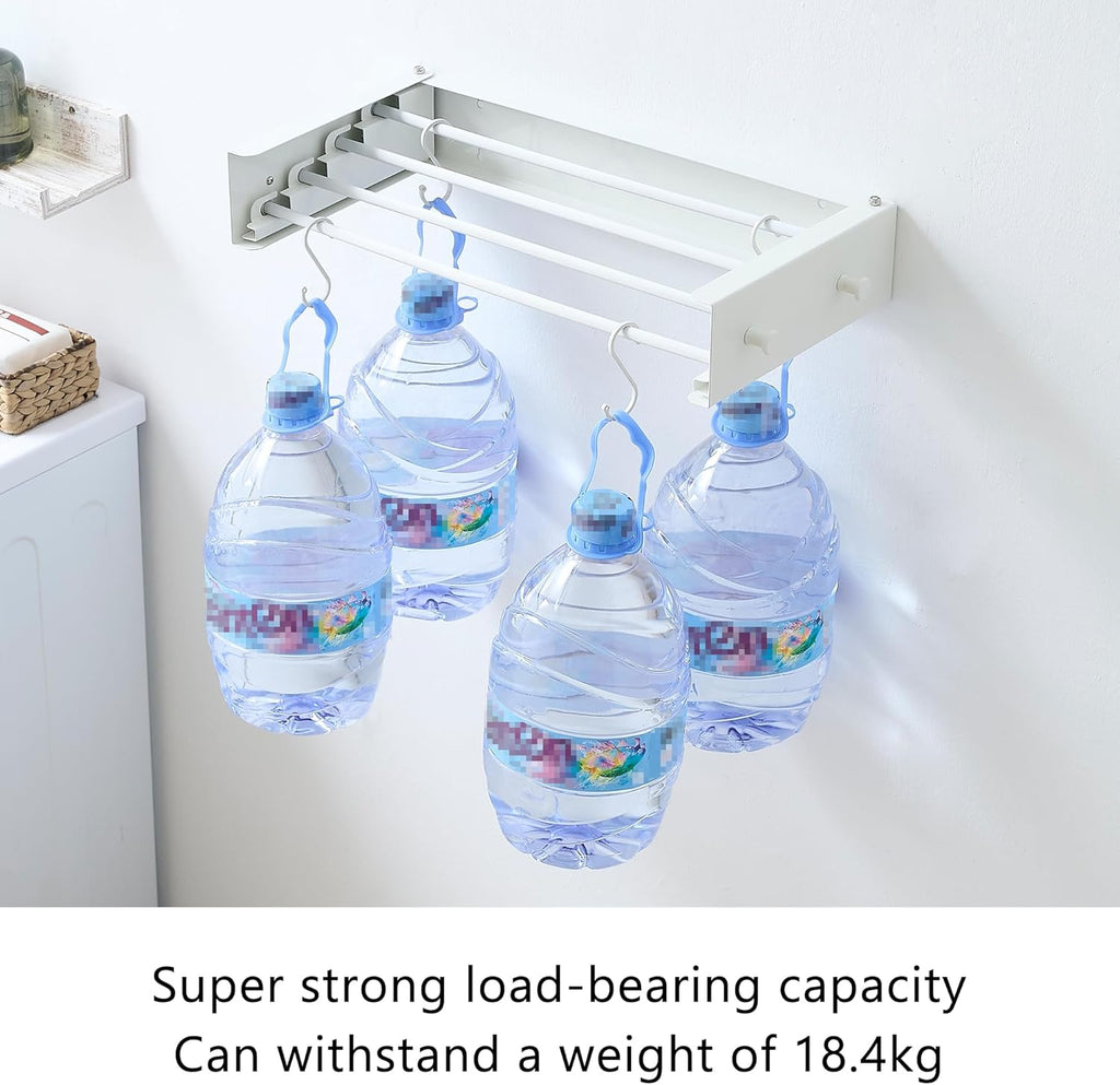 Clothes Drying Rack, Laundry Hanger Dryer Rack, Wall Mounted Drying Rack for Laundry, Foldable Drying Rack Indoor Outdoor,19.7" Wide,4 Aluminum Rods with Hooks, 40 lb Capacity (White 19.7" Hooks)