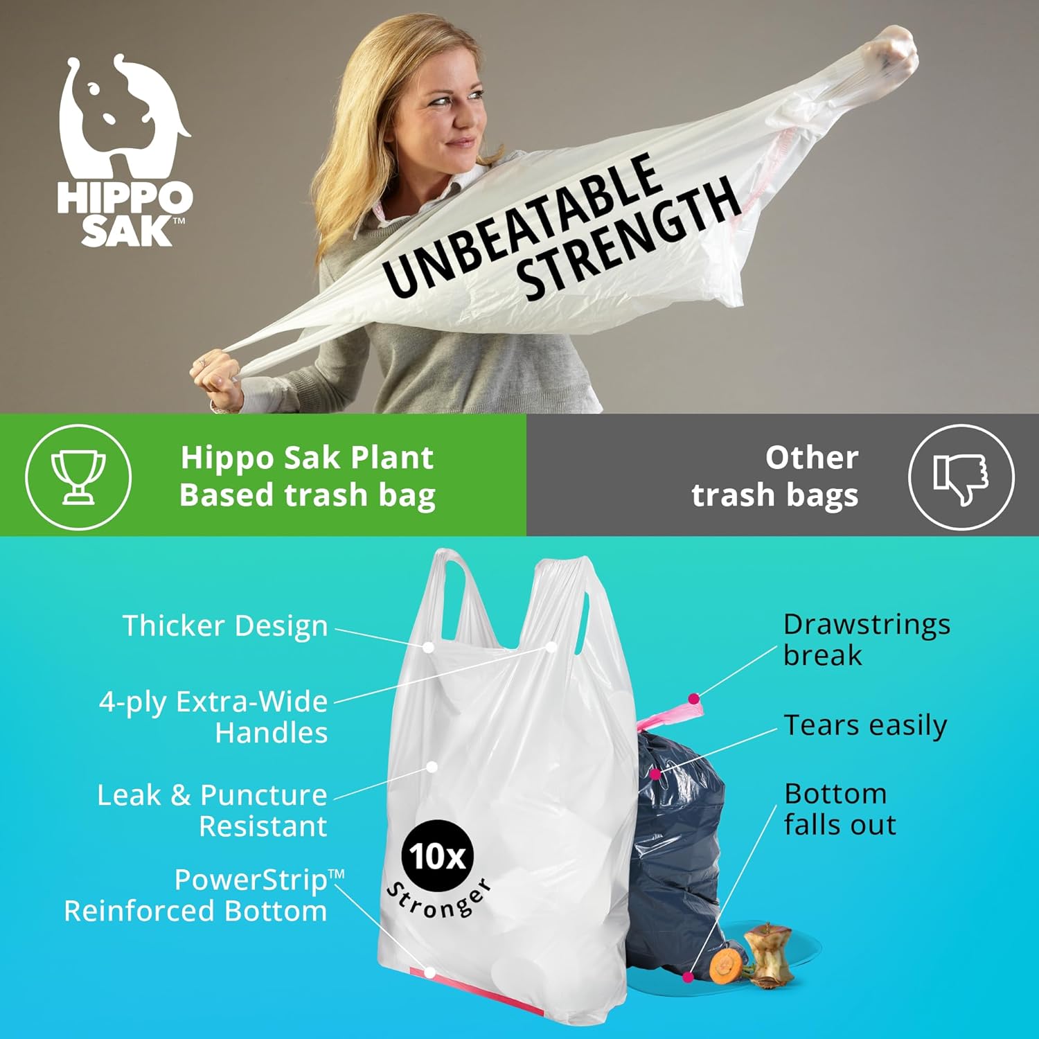 Hippo Sak - Plant Based Tall Kitchen Garbage Bags with Ergonomic Handles - 13 Gallon Trash Bags - Recyclable & Reduced Carbon Footprint - Super Strong and Leak Proof Tall Kitchen Trash Bags (45 Count)