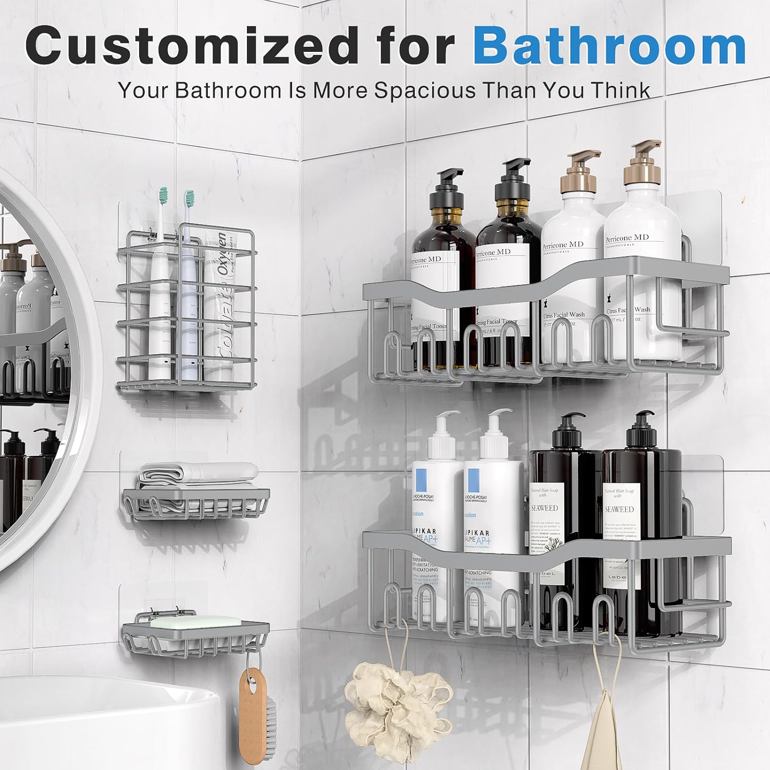EUDELE 5-Pack Rustproof Stainless Steel Shower Caddy – No Drill Adhesive Bathroom Organizer with Large Capacity, Spacious Shower Shelves for Inside Shower, Kitchen & Home Decor Storage-XL Size