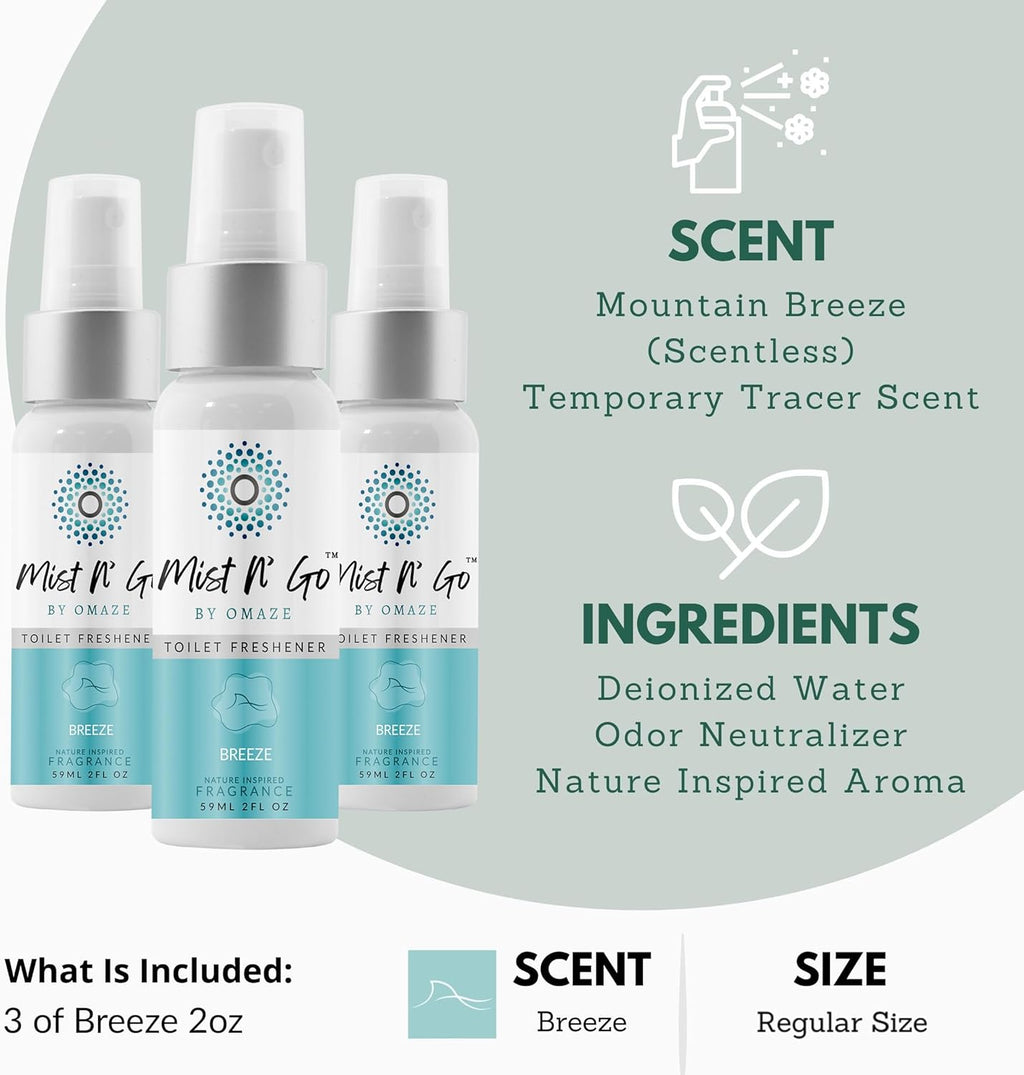 Mist N’ Go by Omaze Travel Bathroom Spray for Toilet Spray Odor Eliminator - Travel Toilet Spray for Bathroom Air Freshener Spray for Bathroom Deodorizer - Breeze Regular Size (2oz x3)