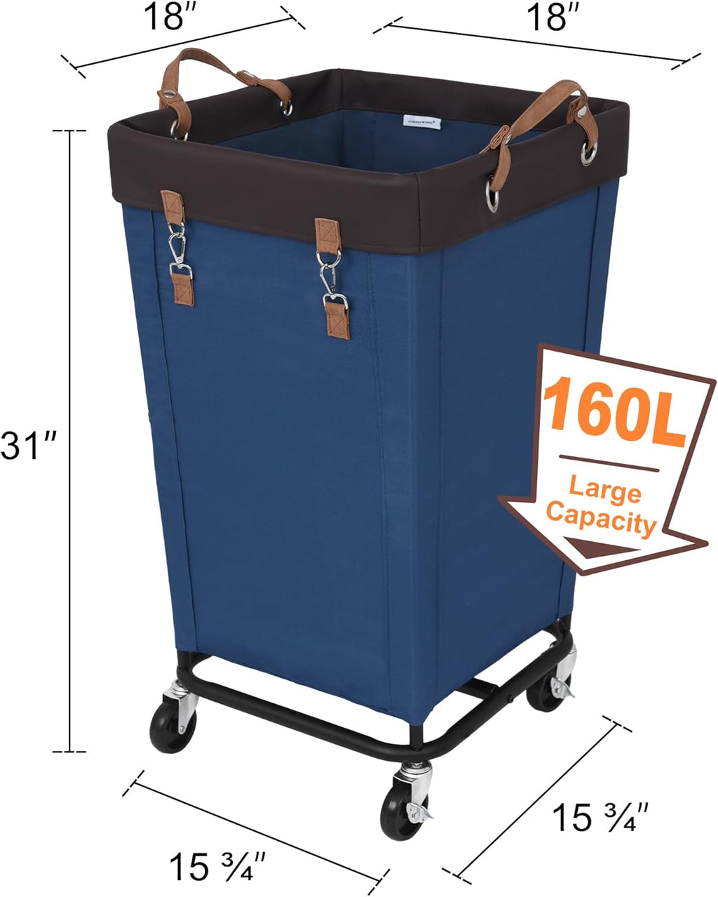 StorageWorks 160L Laundry Basket with Wheels, Large Rolling Hampers for Clothing Organizer, Dirty Clothes Basket for Hotel, Home, Closet, Dorm, Blue