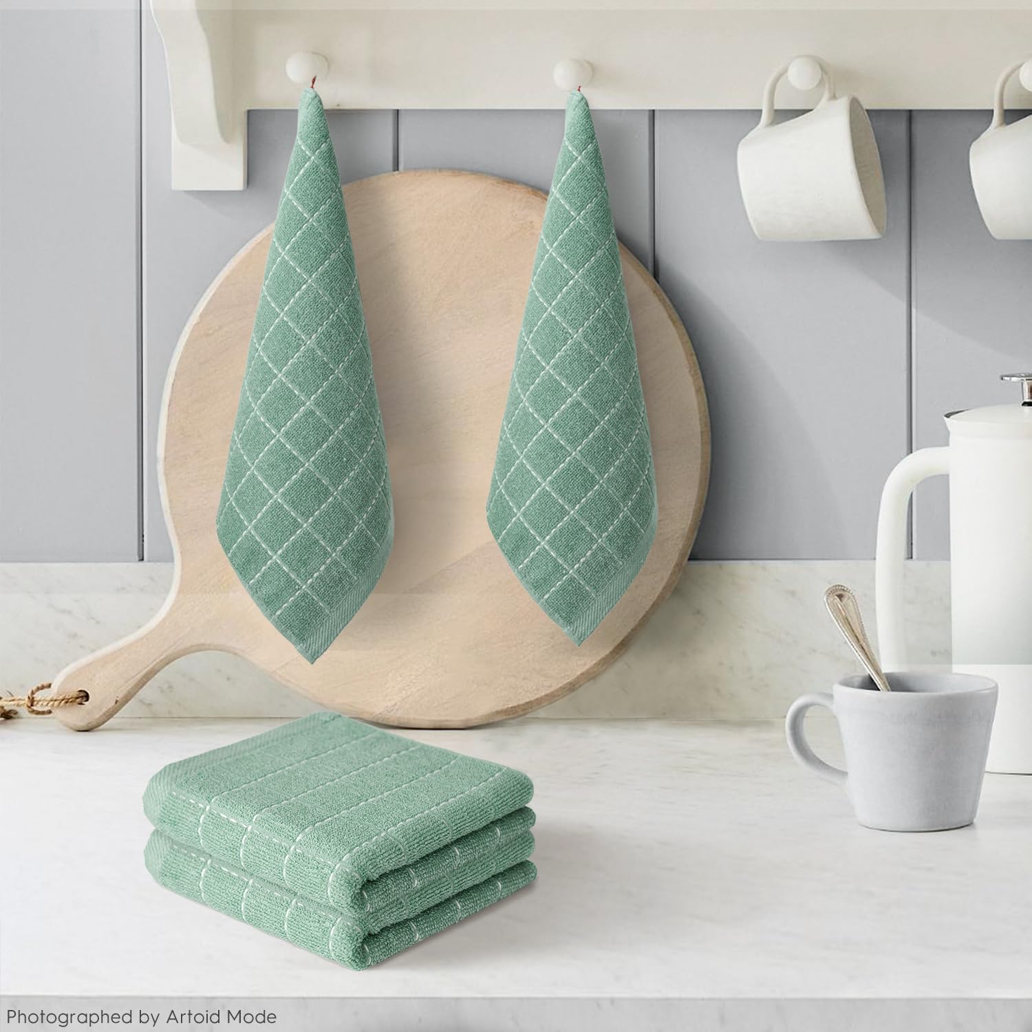 Artoid Mode Checkered Designed Cotton Light Green Terry Kitchen Dish Cloths, 12x12 Inch Soft Absorbent Quick Drying Cleaning Kitchen Rags Set of 6