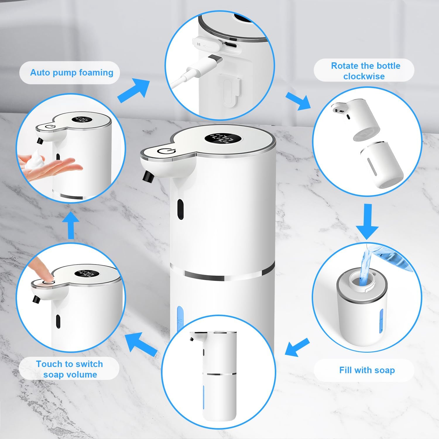 Automatic Foaming Soap Dispenser,6 Level Adjustable Foam, Wall Mount Soap Dispenser,USB Rechargeable with LED Display,12.8oz/ 380ml Touchless Hand & Dish Dispenser for Bathroom, Kitchen